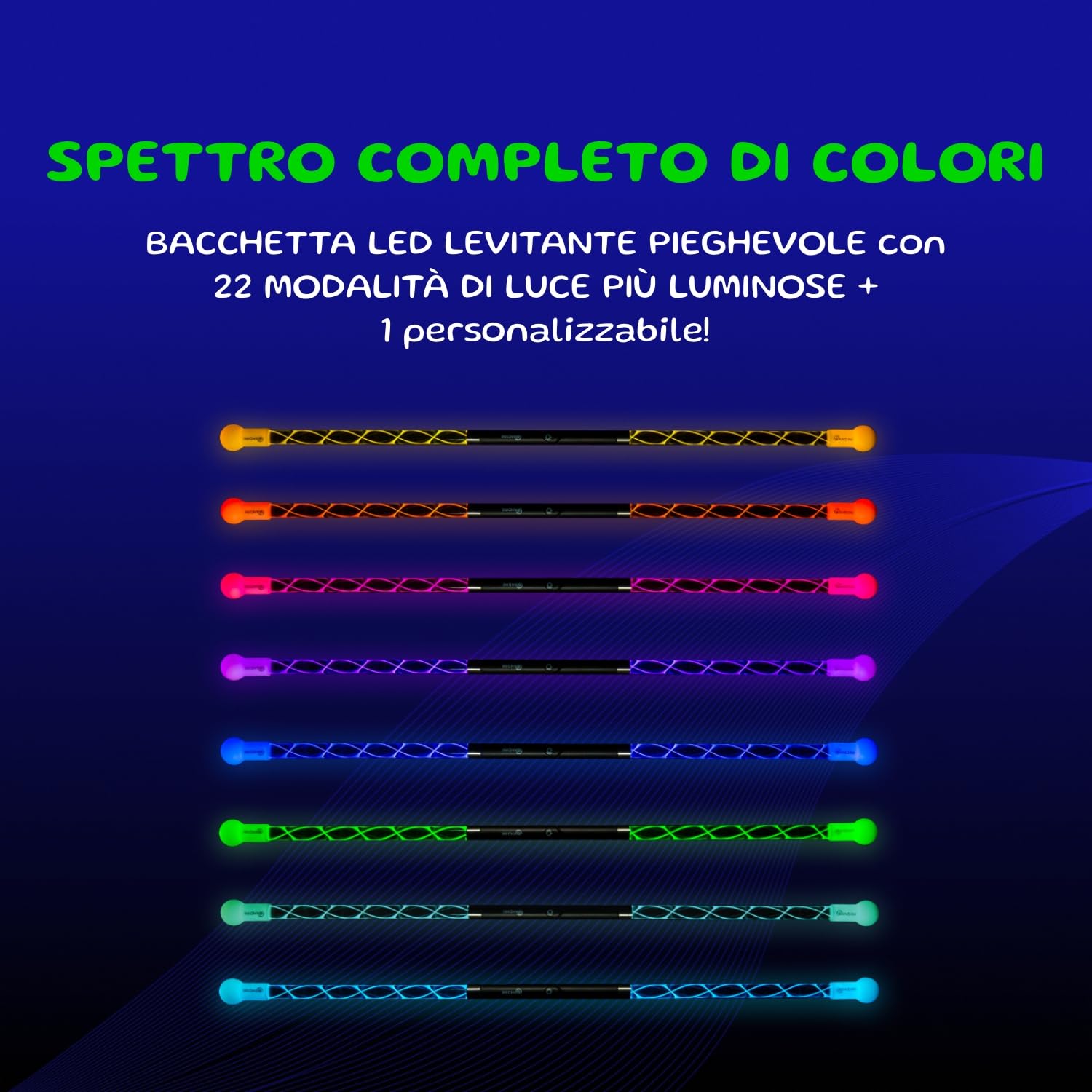 Wandini Glow.0 Bacchetta Magica a LED – Glow Stick a LED Pieghevole – Bastone Magico Ricaricabile Via USB - Bacchetta con Luci a LED Colorate - 22 modalità - Brevettata e Sapientemente Bilanciata