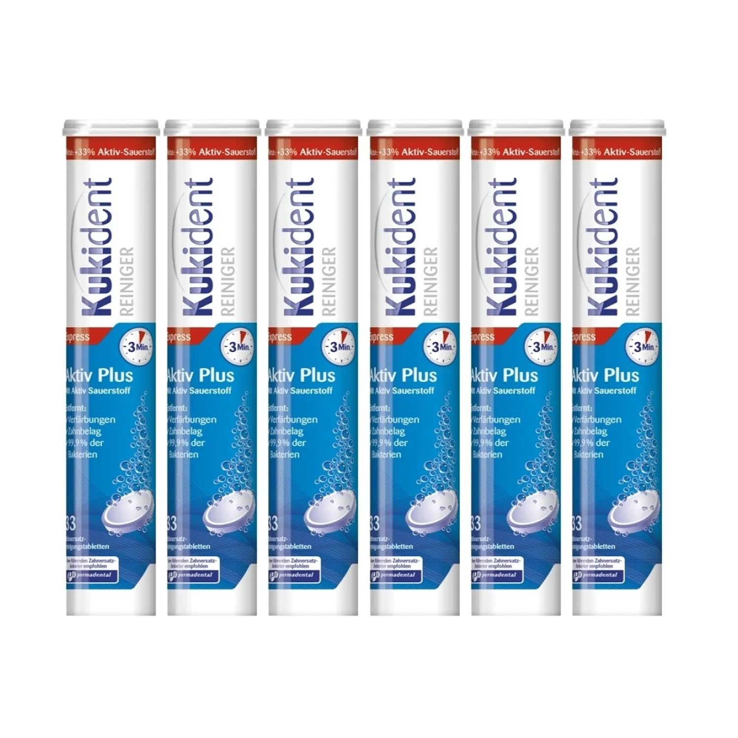Kukident Aktiv Plus Compresse detergenti - Pastiglie per la pulizia di apparecchi dentali, protesi dentarie e dentiera - 6 x 33 compresse