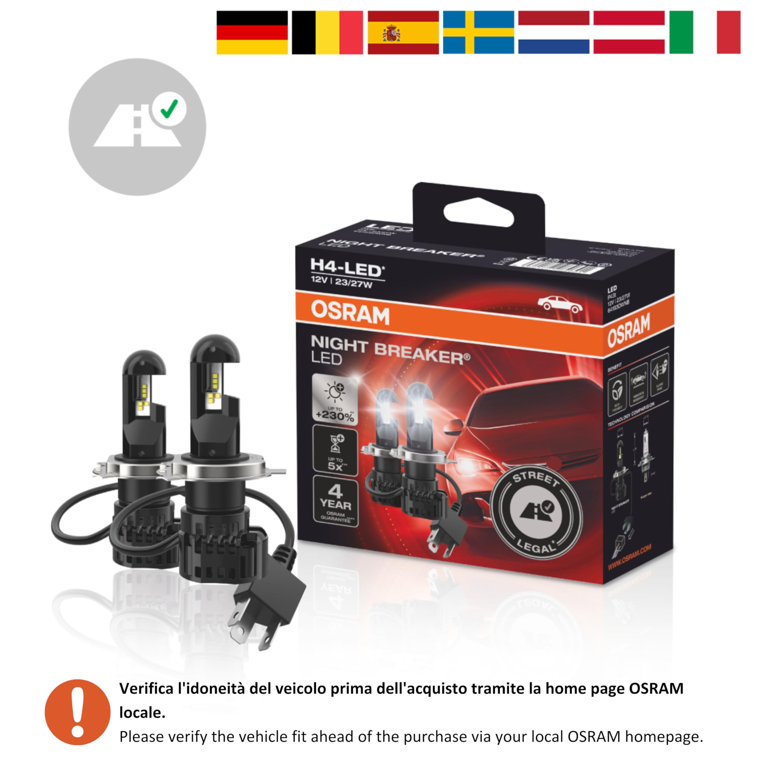 OSRAM NIGHT BREAKER H4-LED fino al 230% di luminosità in più, prima luce anabbagliante e abbagliante omologata per uso stradale