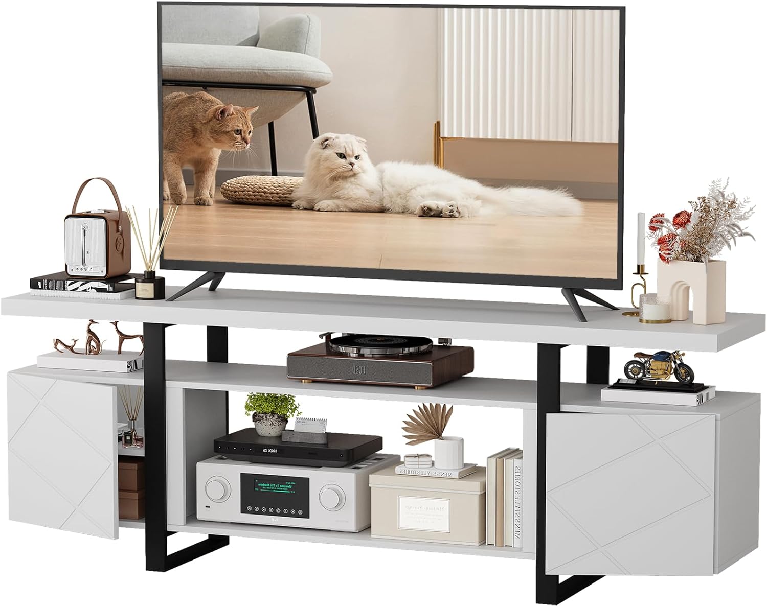 TV Stand,Fits TVs up to 80", Entertainment Center, TV Media Console with Storage Cabinets for Living Room, White