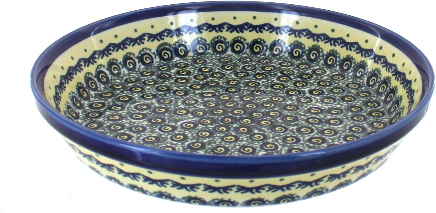 Polmedia Polish Pottery Pie Dish - Peacock Bumble Bee Pattern Handmade in Boleslawiec Poland + Certificate of Authenticity