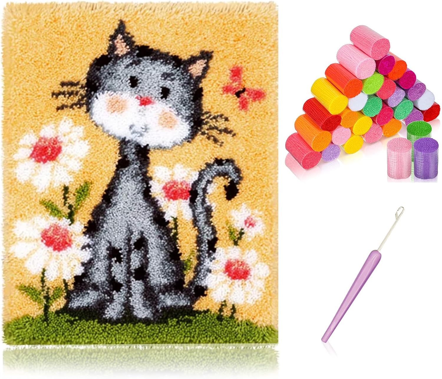 kingsea Latch Hook Kit for Adults, DIY Crochet Yarn Rug with Pattern Printed Latch Hook Rug Kit for Teen, Latch Hook Kit for Beginners - Cat and Flower, 20in x 15in