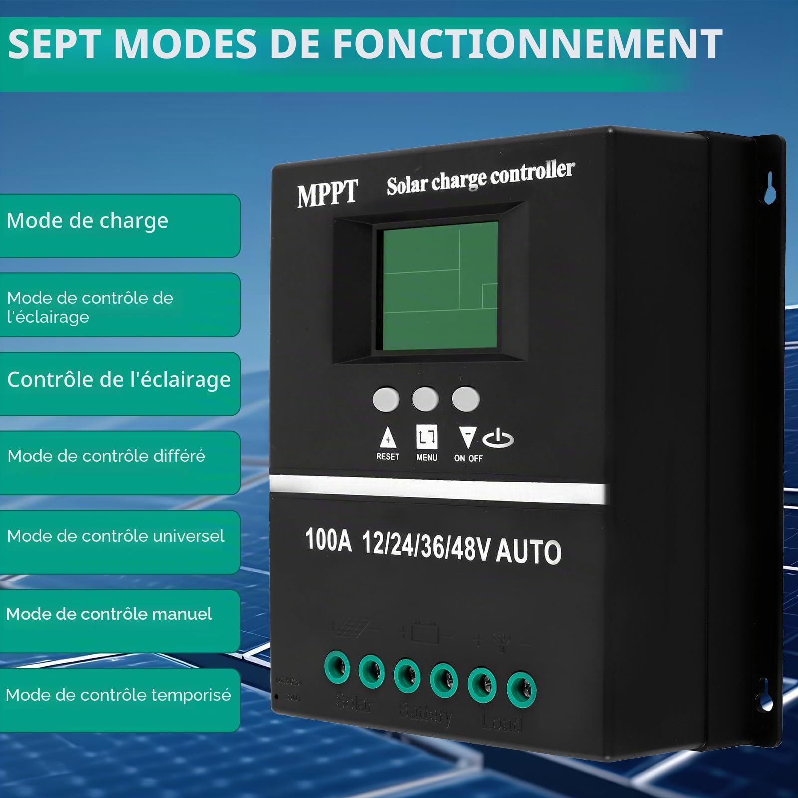 Régulateur de charge solaire MPPT 100 A 12 V 24 V 36 V 48 V USB MPPT Écran LCD avec entrée maximale 100 V Régulateur solaire 12 V mppt 100 A pour tous les types de batteries plomb-acide/lithium