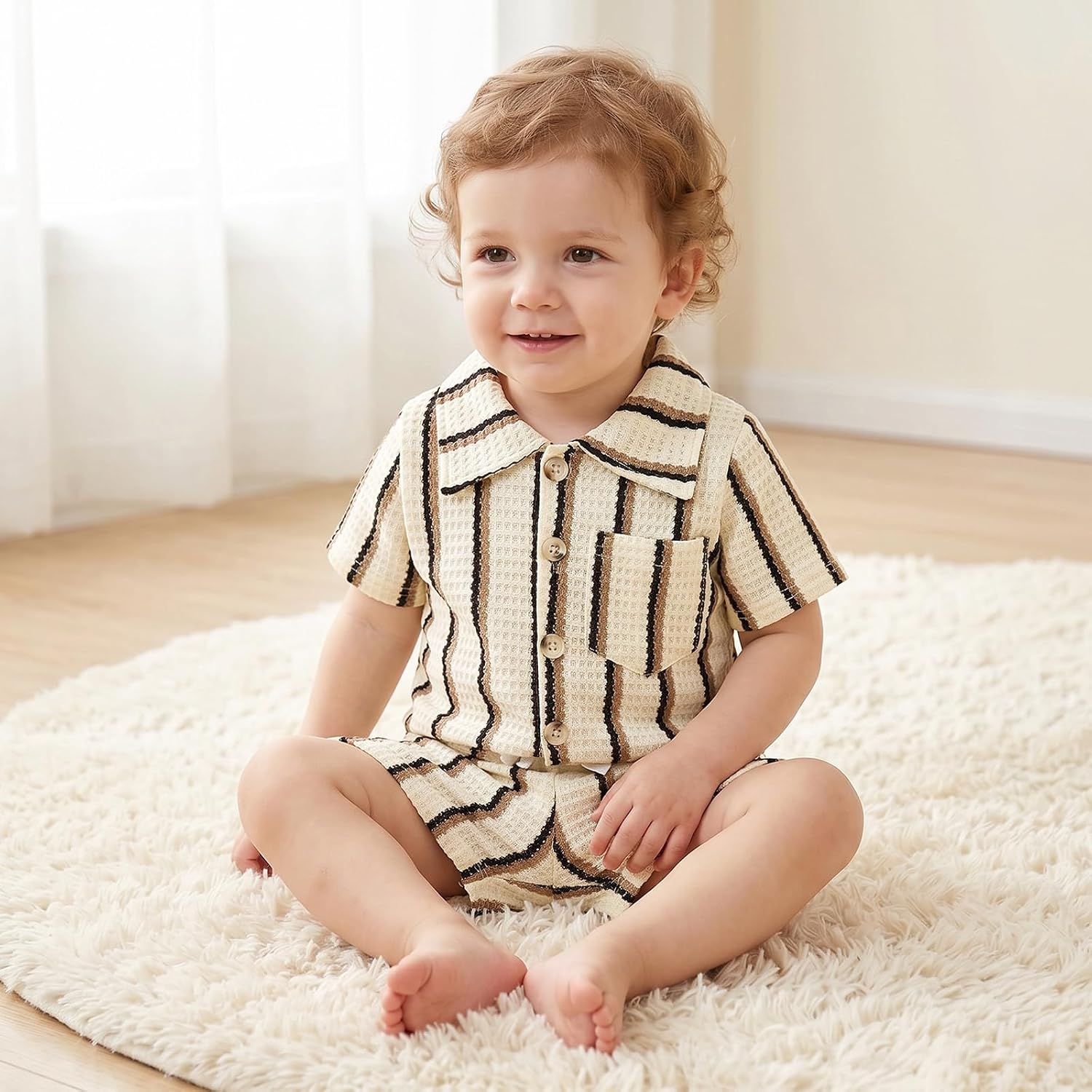 FOCUTEBB Baby Boy Clothes Toddler Summer Outfits Short Sleeve Striped Button-down T-Shirt Shorts with Pocket 12 Months-5T