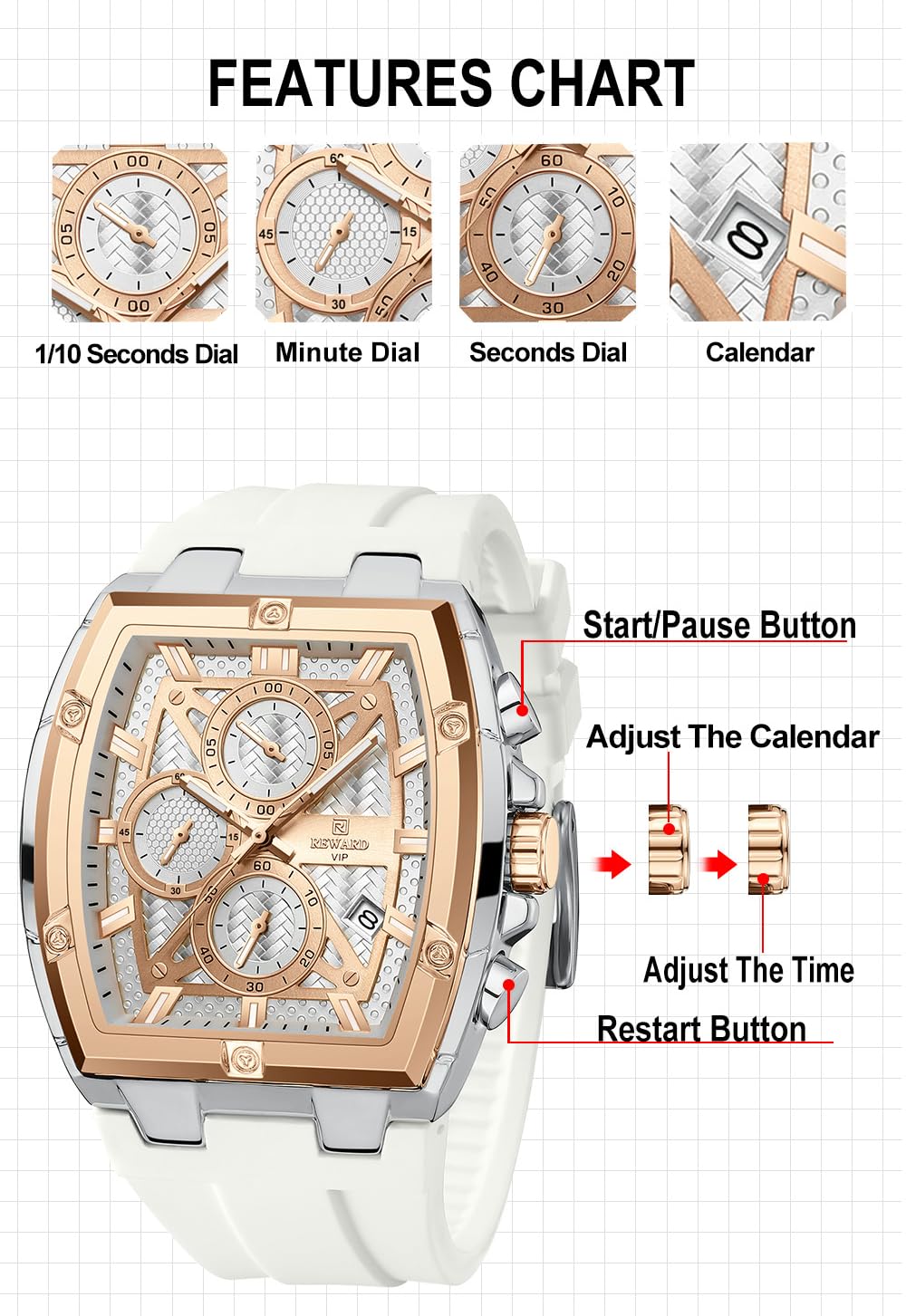 MASTOP Montre pour homme - Cadran rectangulaire - Étanche jusqu'à 5 ATM - Affichage analogique - Minuteur - Design punk cool - Bracelet en silicone