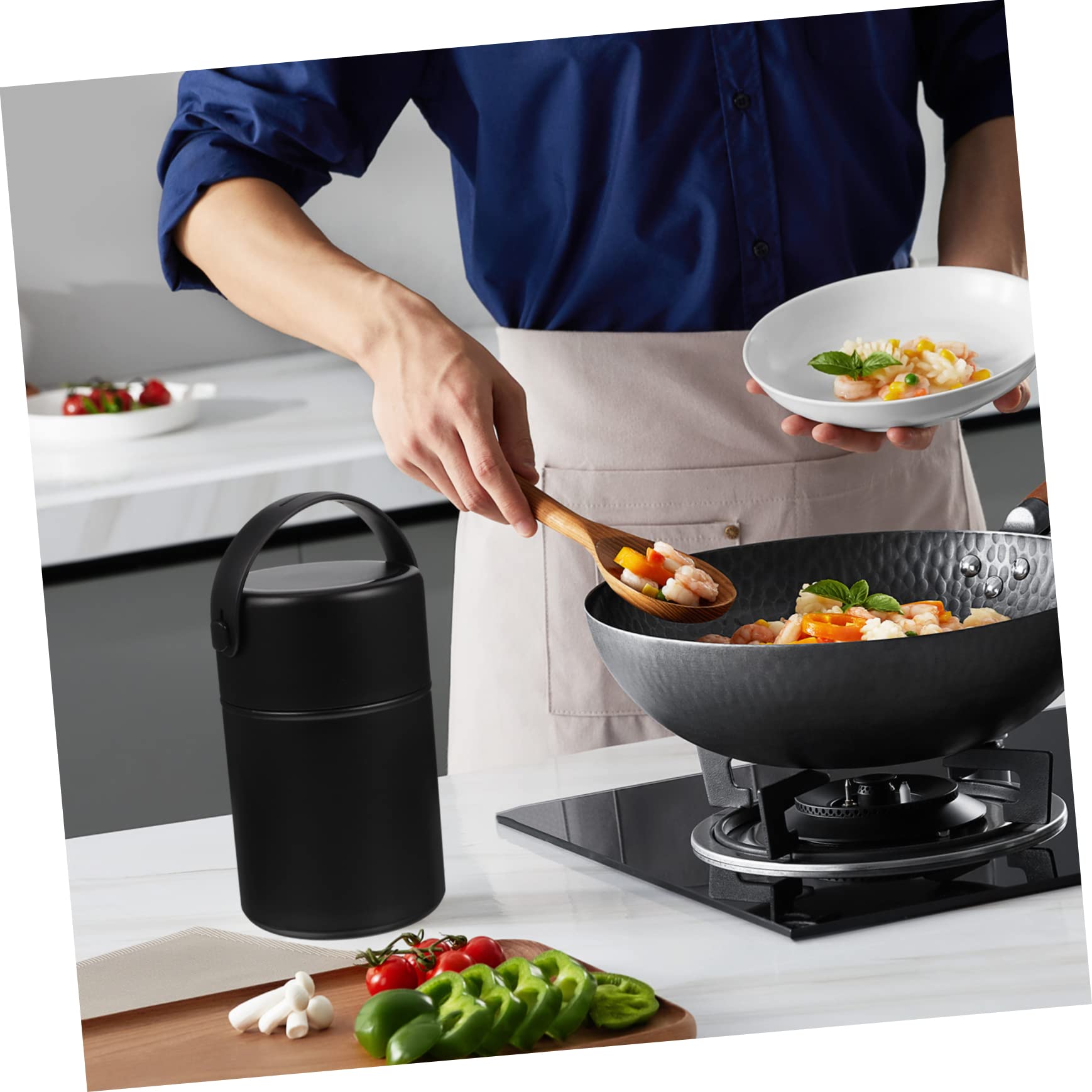 Contenedor de alimentos aislado de acero inoxidable de 850 ml, doble pared con cierre hermético, amplio diseño negro para adultos, ideal para almacenamiento de comidas calientes al aire libre