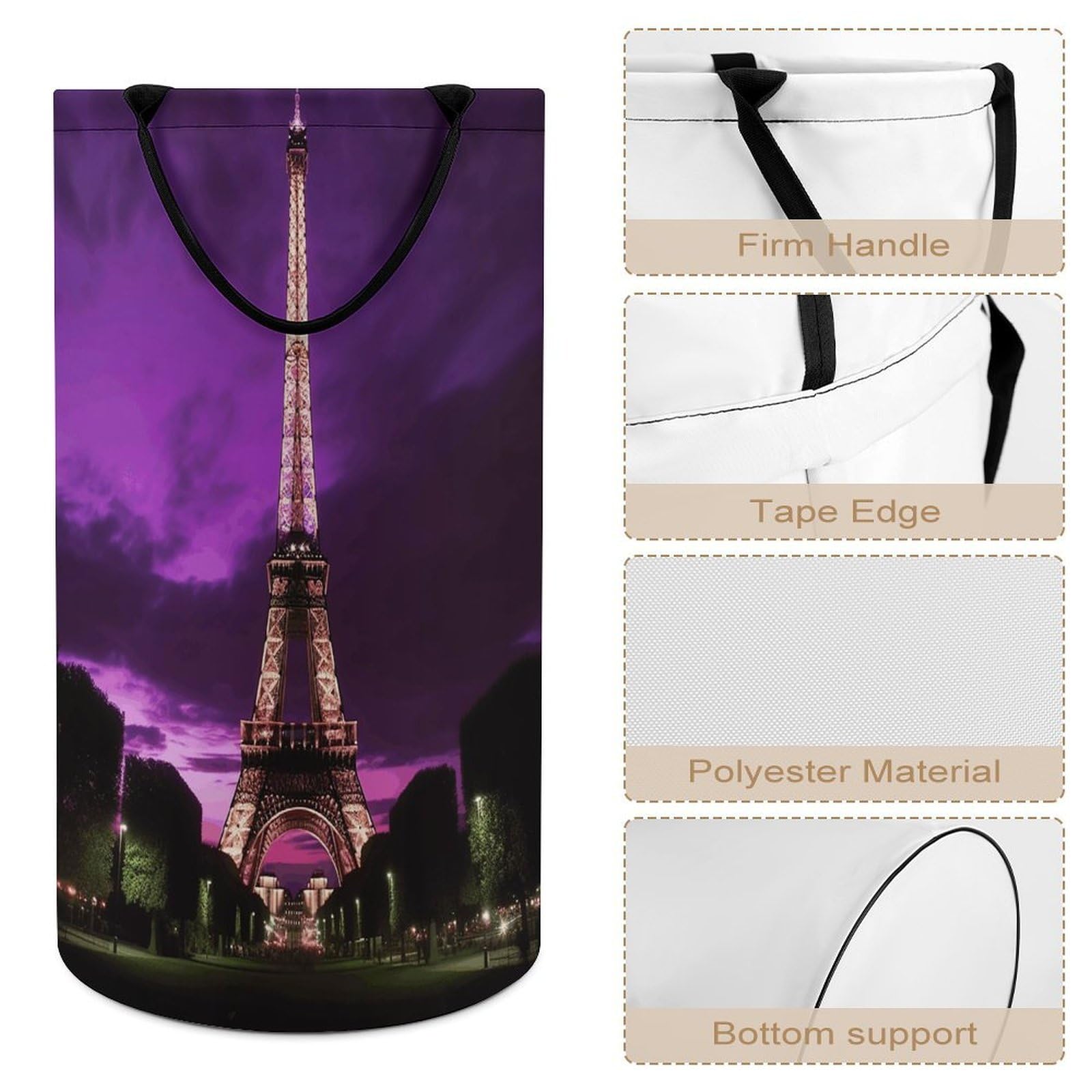 Cesta de ropa sucia de la torre Eiffel morada. Bolsa grande para ropa sucia. Cesta de almacenamiento para asas de fácil transporte. Cesta grande para ropa con asas, cubo de almacenamiento de ropa