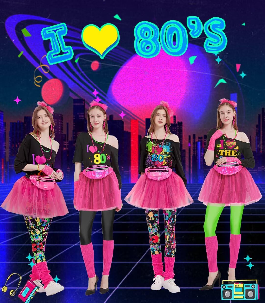 WlLDPARTY 80er-Jahre-Kostüm-Zubehör-Set für Damen, T-Shirt, Leggings, Tutu, Rock, Bauchtasche, Stirnband, Ohrringe, Halskette, Netzhandschuhe, Beinstulpen, 80er-Jahre-Party-Outfits (Leggings, bunt