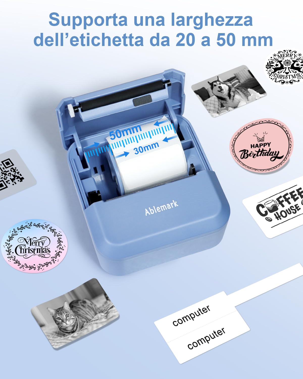 Mini Stampante Etichette Adesive, Stampante Termica Portatile Bluetooth con 1 Rotolo di Carta, Mini Stampante Fotografica per Note Elenco Memo Adesivi, Pagina Web, Idea Regalo Diy(20-50mm)