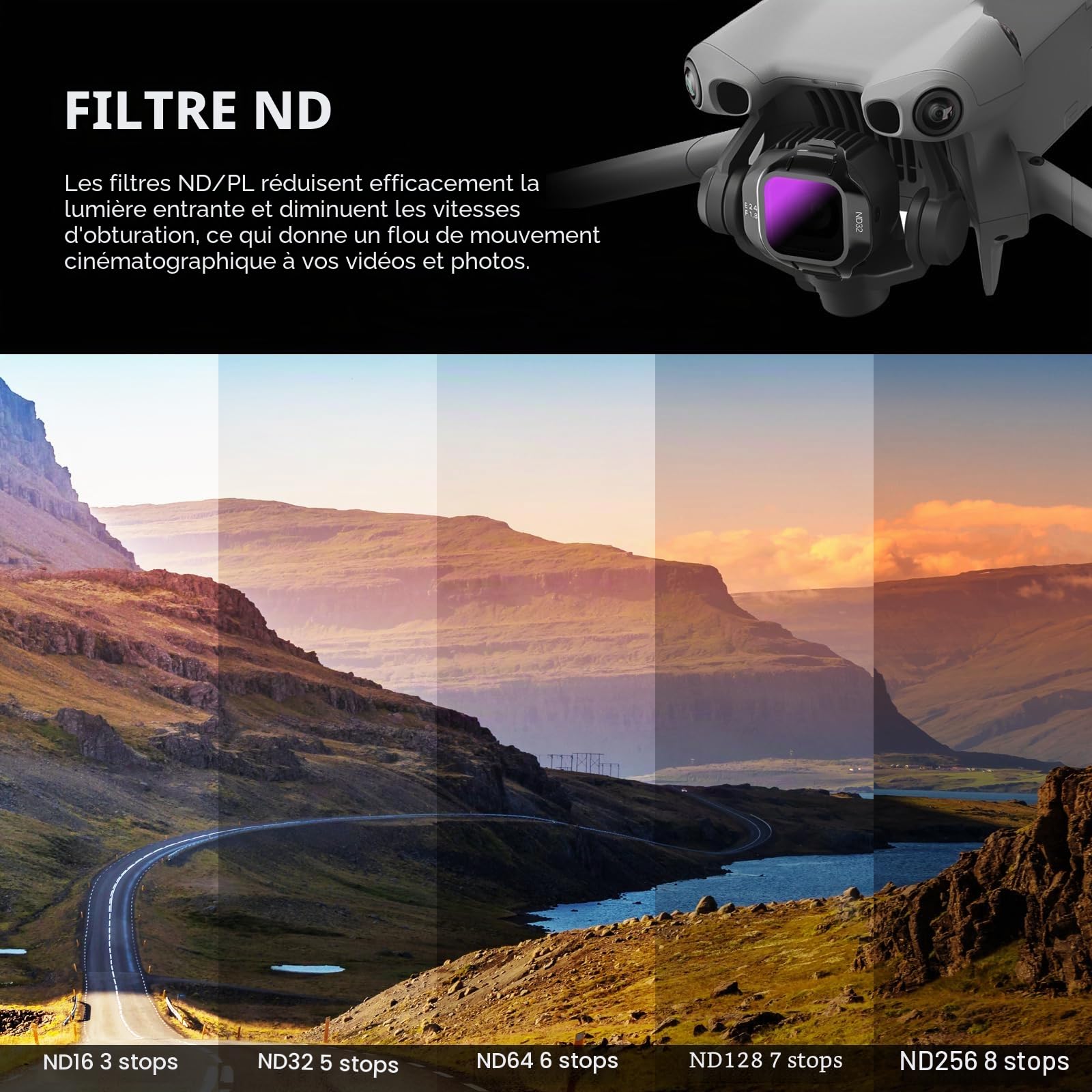 FPVtosky Mini 5 Pro ND Filter Set, ND Filters Multicouches, CPL Filter Set pour Accessoires DJI Mini 5 Pro Drone, 6 pièces (CPL, ND16, ND32, ND64, ND128, ND256)