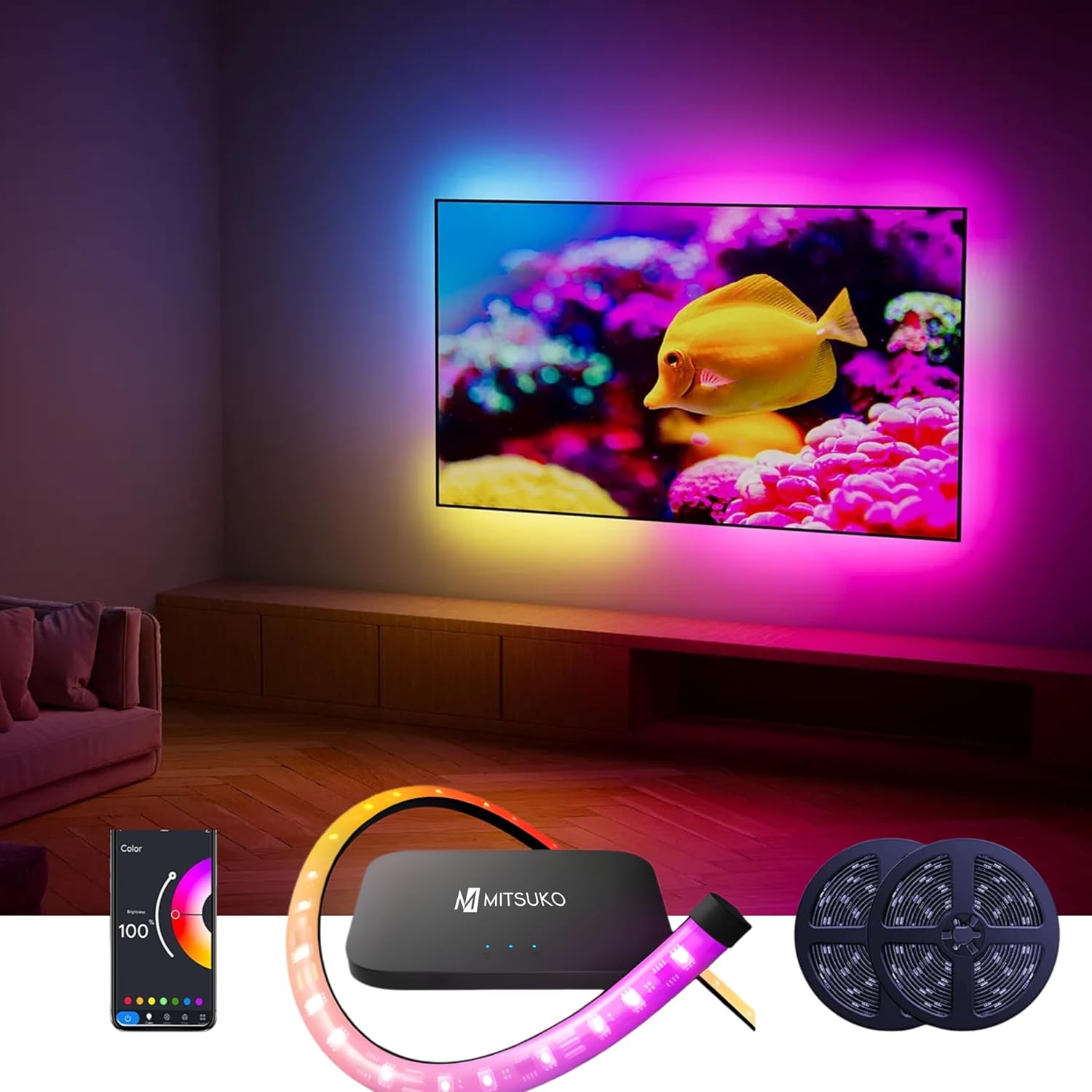 MITSUKO AmbiMotion 2.1 TV LED Backlight Kit HDMI 2.1 Sync Box 8K60hz 4K120Hz, VRR+ALLM RGBIC Strip for Upto 120 Inch TVs TV Lights for Games Movies Compatible with Google Assistant and Alexa 60Leds/M MITSUKO AmbiMotion 2.1 TV LED Backlight Kit HDMI 2.1 Sync Box 8K60hz 4K120Hz, VRR+ALLM RGBIC Strip for Upto 120 Inch TVs TV Lights for Games Movies Compatible with Google Assistant and Alexa 60Leds/M