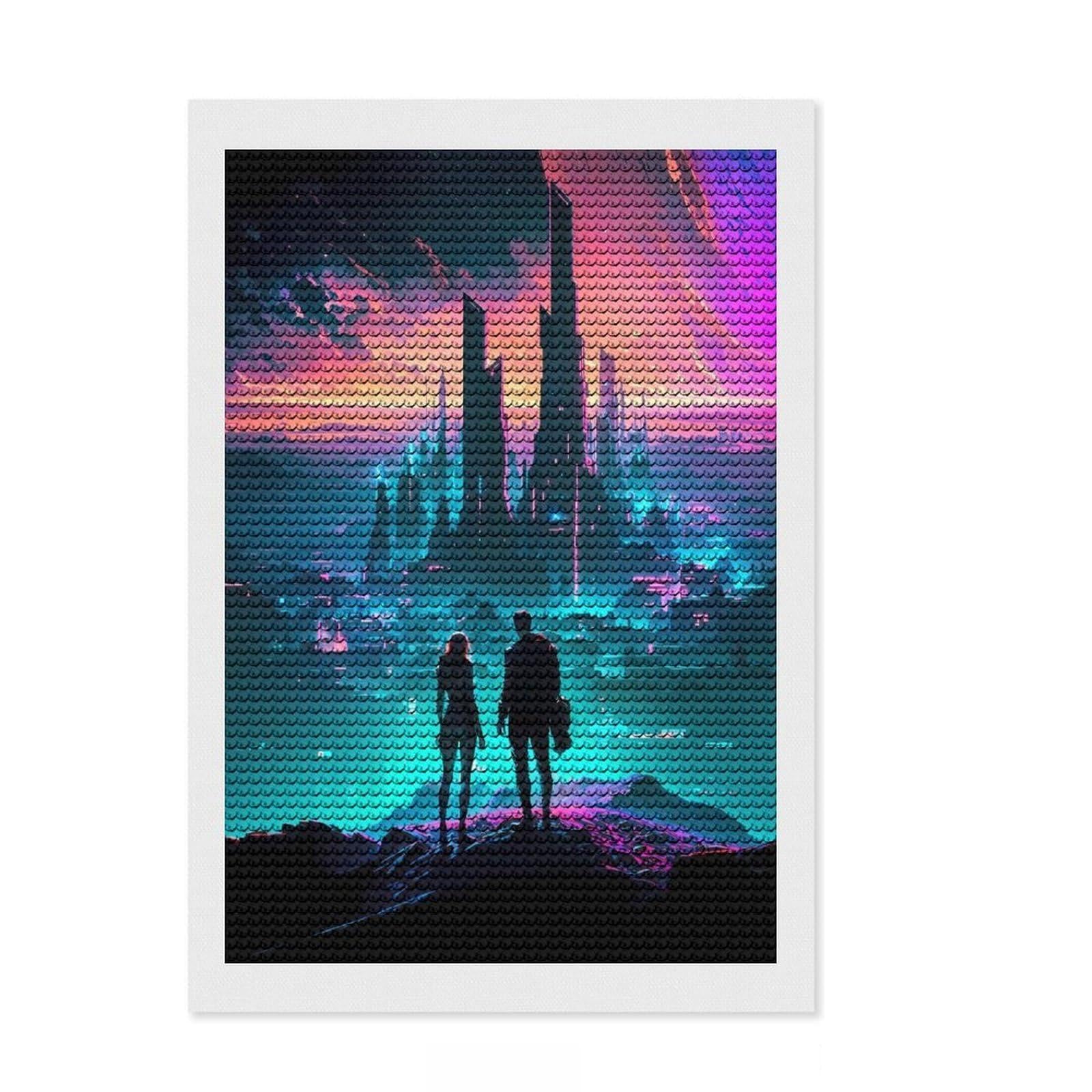 Junmoney Lovers of Futuristic City Diamond Painting Set 8"x12", Easy to Enjoy, Easy Handmade Project, Boho Decor, Birthday Gift, Stress Relief Craft