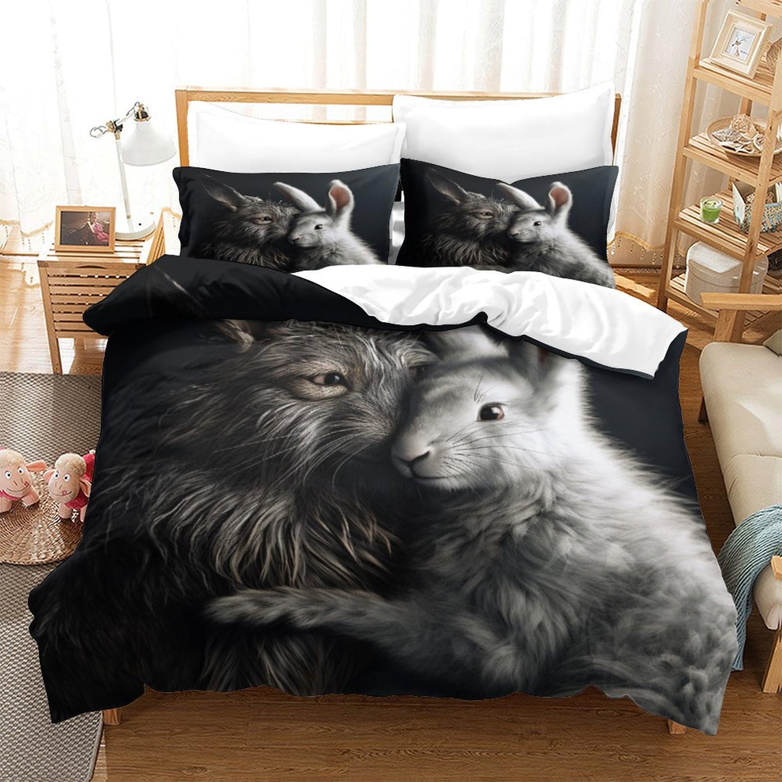 P1S9U7W5Y Cozy Animal 3D Printed Duvet Cover Set 3 Pieces Microfiber Bedroom Decor Wolf Rabbit Bedding Set for Adults Teens Soft Breathable Gift King（220x240cm）