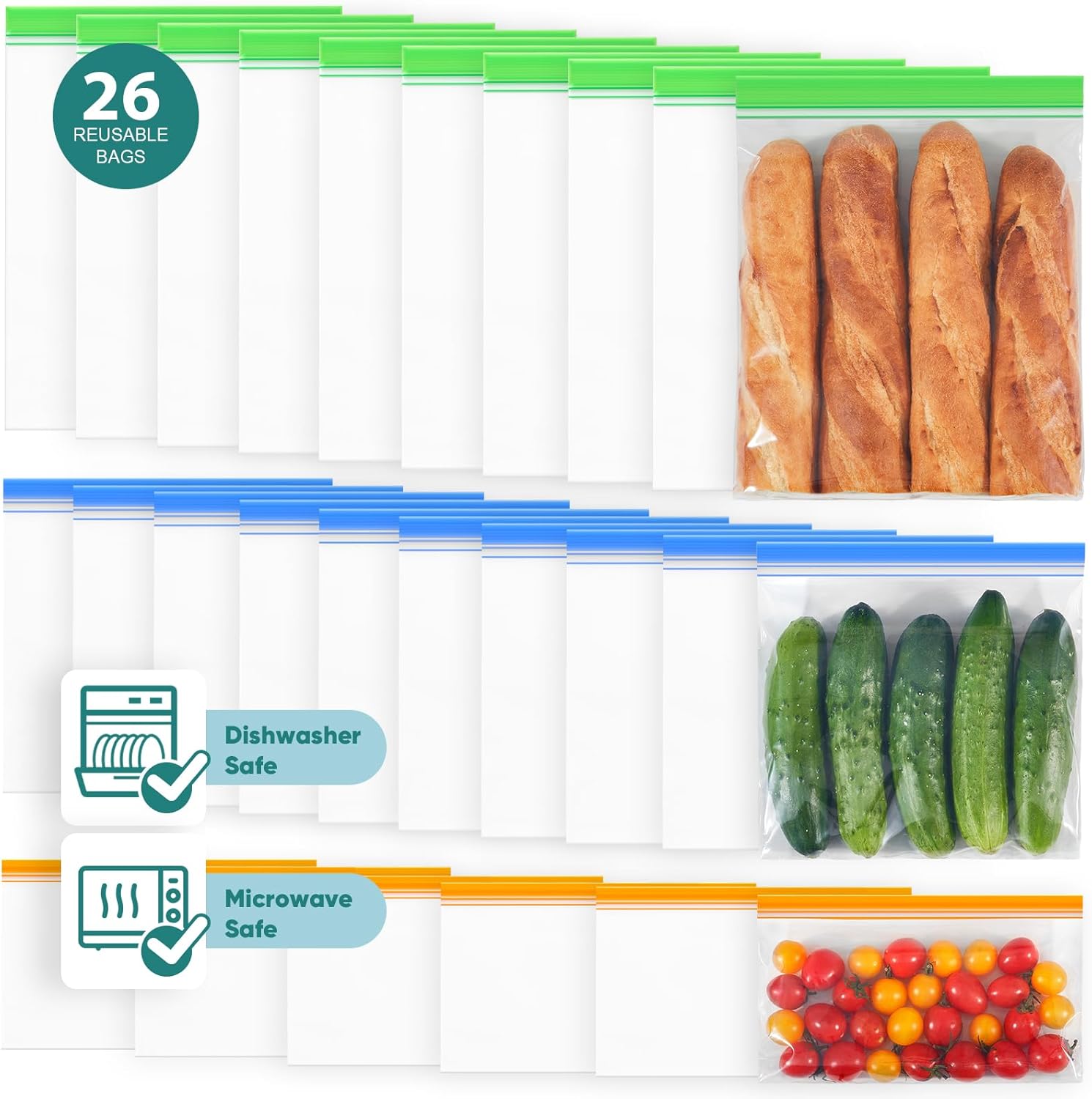 Lerine 26 Pack Reusable Freezer Bags Dishwasher Microwave Safe, Leakproof Extra-Large Food Storage Bags, Silicone and BPA Free Food Storage Bags for Meal Prep (10 Gallon 10 Sandwich 6 Snack Bags)