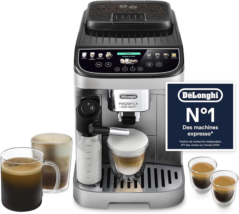 De’Longhi Magnifica Evo Next - Perfetto Machine à Café Automatique avec LatteCrema Mousseur à Lait Automatique, 13 Boissons en une Seule Touche, Écran Tactile Couleurs, Argent et Noir (ECAM312.80.SB)