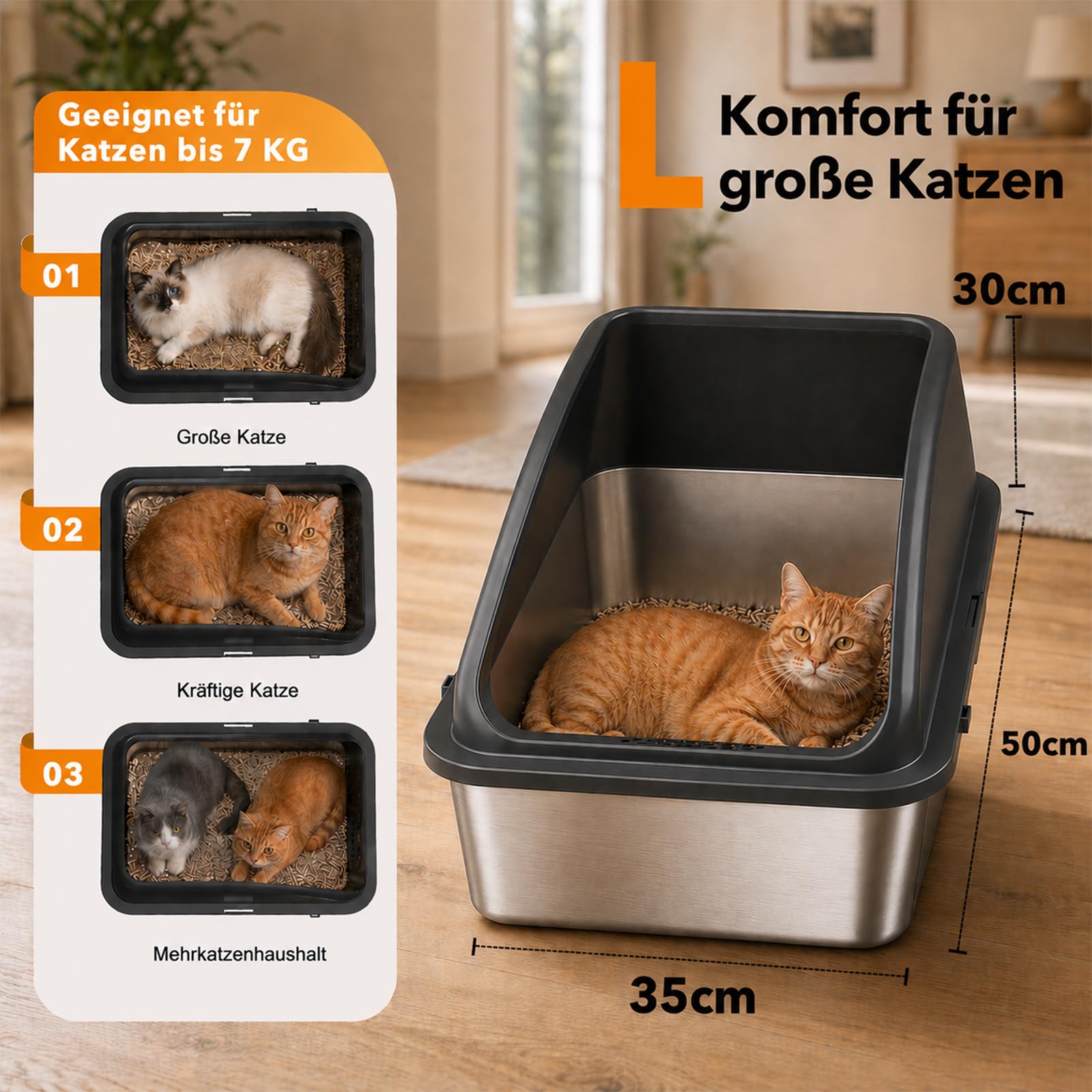 Inodoro para gatos de acero inoxidable para gatos grandes, 50 x 35 cm, color negro