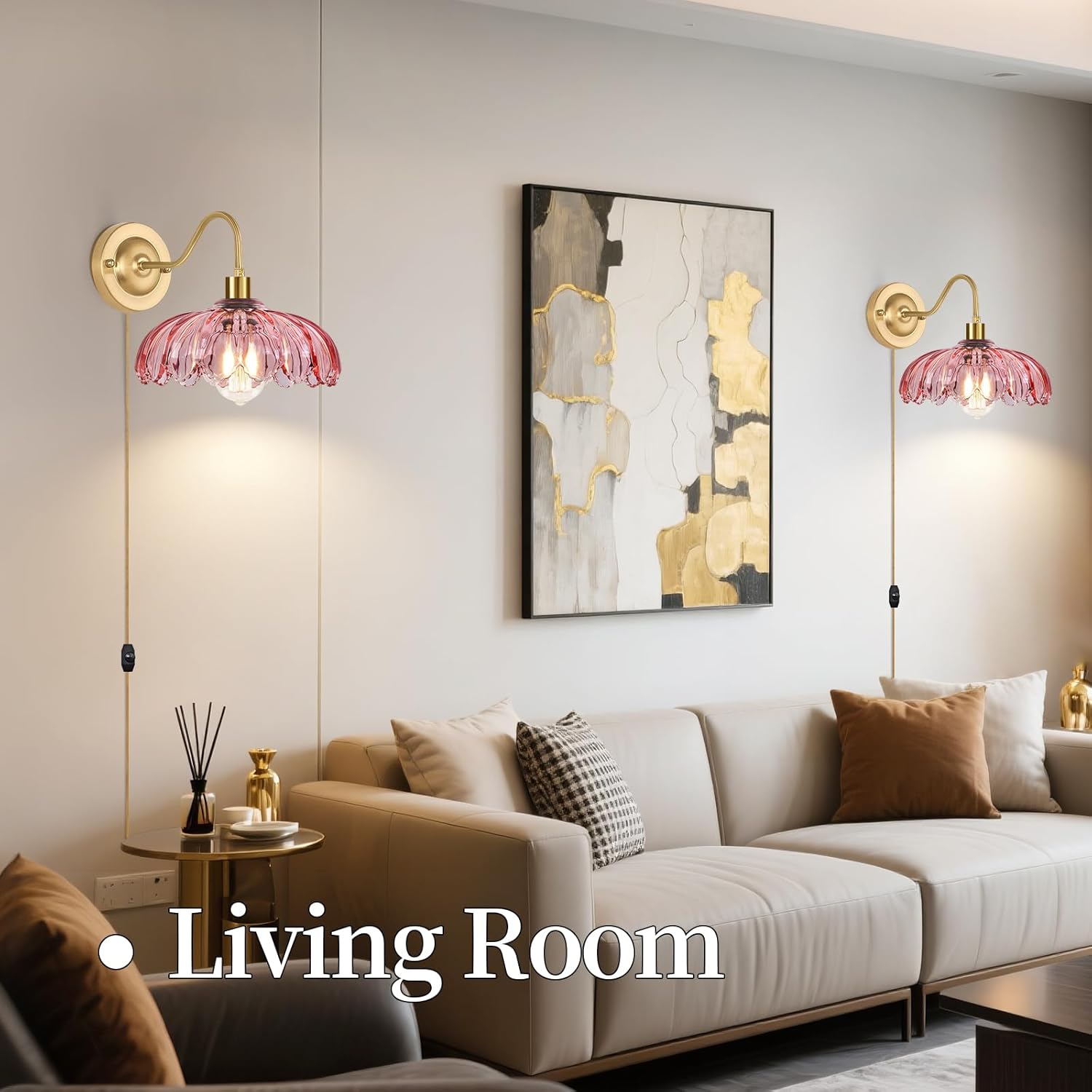 Vintage Plug in Wall Sconces Set of Two, Glass Wall Sconces Lamps with Flower Lampshade & Dimmable Plug in Cord, Dimmable Sconces Wall Decor Set of 2 Plug in Wall Lights Sconces for Bedroom