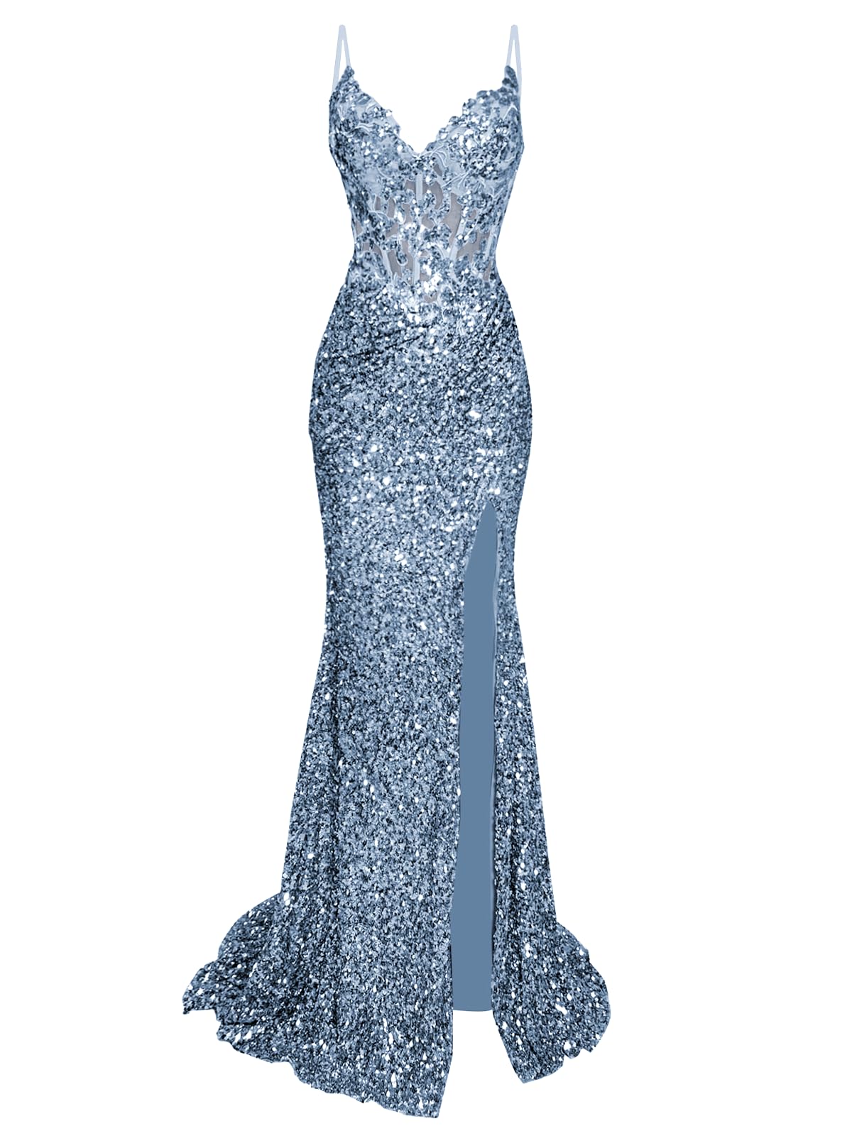 Sequin Prom Dresses Sparkly Long Spaghtti Straps V Neck Mermaid Ball Gowns for Women