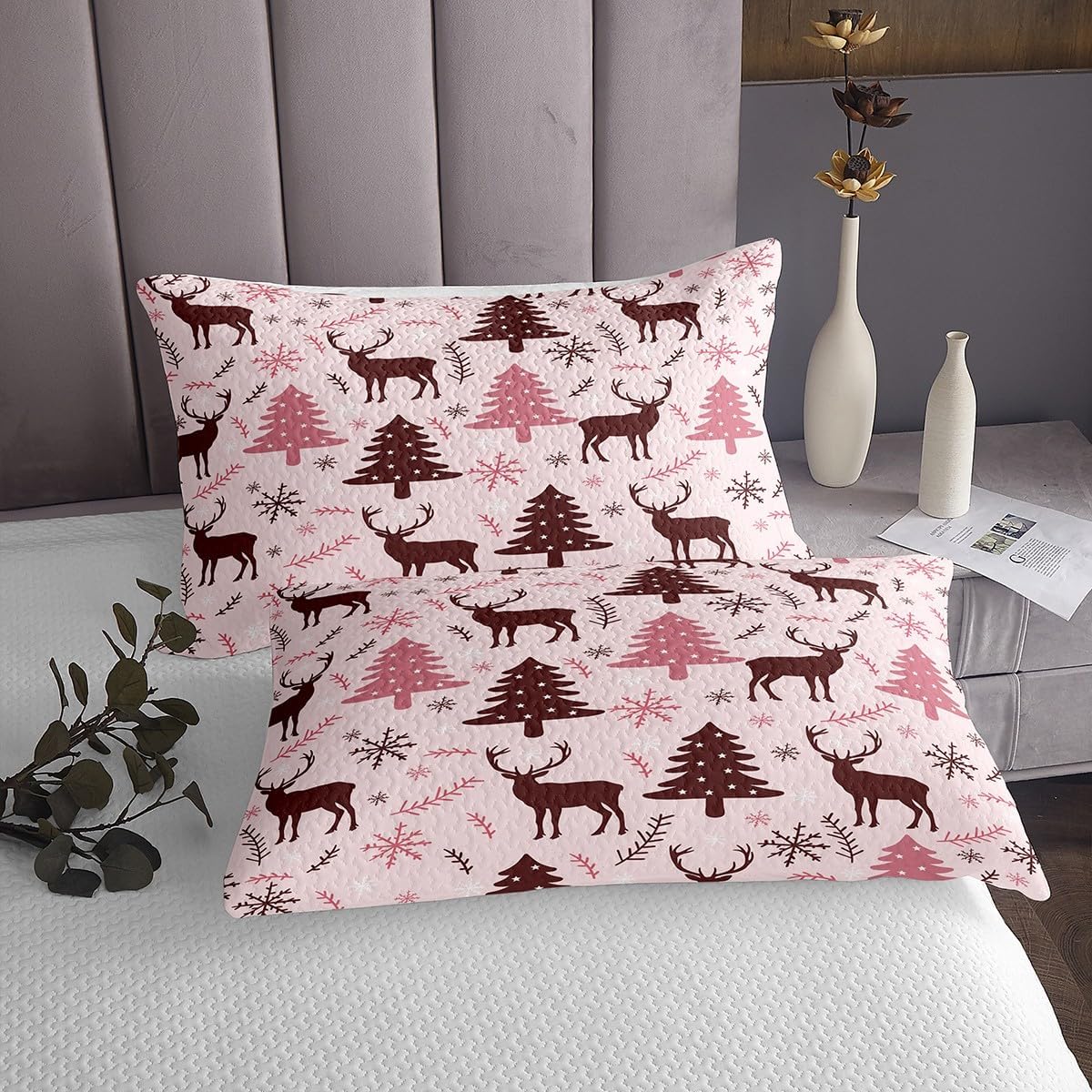 Erosebridal Christmas Pink Trees Coverlet Set Twin Xmas Woodland Deer Bedspread Cartoon Wild Animal Quilt Set for Kids Adults,Snowflakes Leaves Bedding Quilted