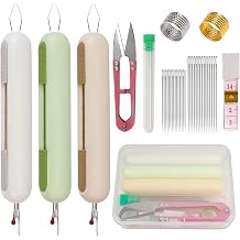 FWUNYVN 2 in 1 Needle Threader Seam Ripper, 9Pcs Sewing Seam Ripper Tool Kit with Case Contains 3Pcs Needle Threader Tool and Seam Ripper Tool, 2Pcs Thimble, Scissors, Needle, Measure Tape