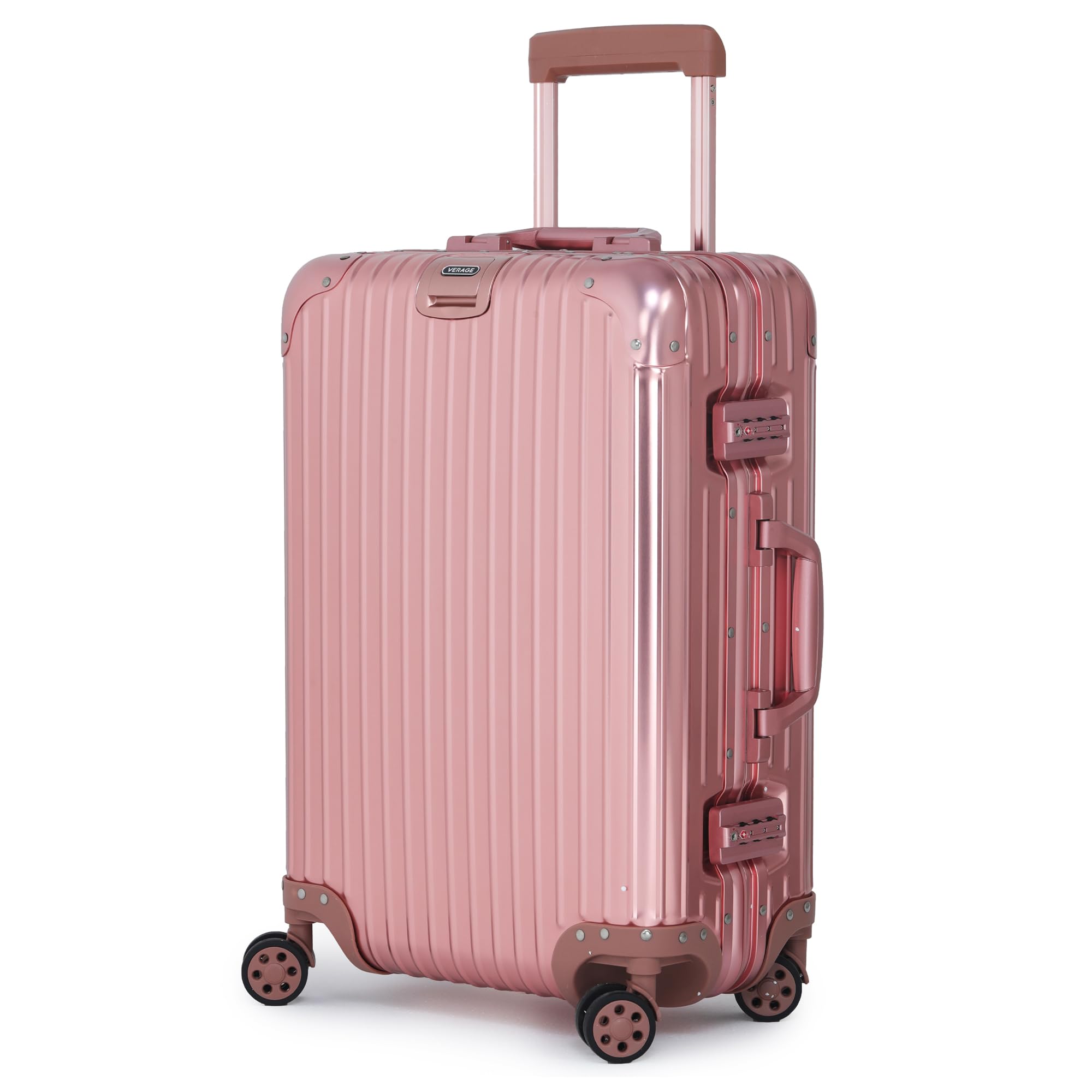Verage Luxe Secure Jet Full Aluminium Body (44 Liters) Cabin Size Luggage with Zipper Less Frame Closure & Dual TSA Clasp Locks Spinner Suitcase Trolley Bag (Rose Gold, 20” / 57 Cms)