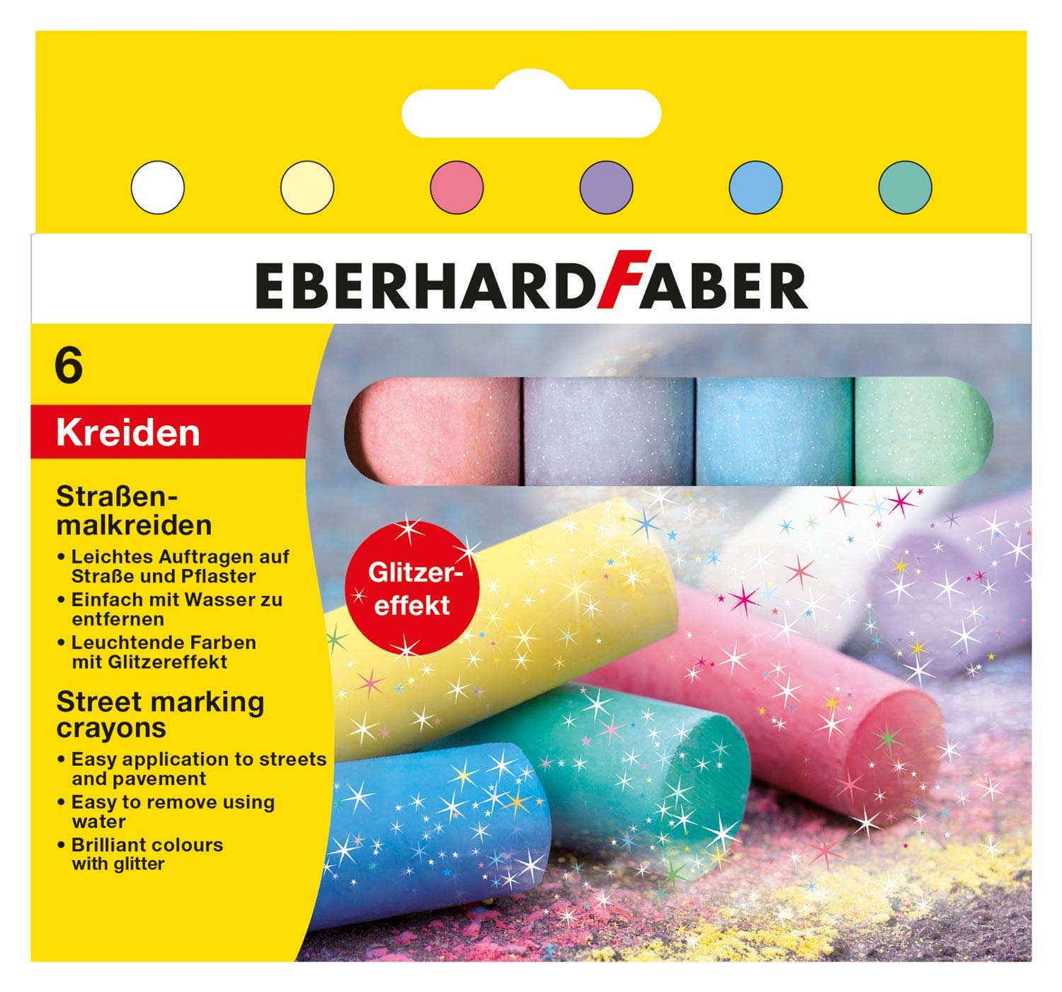 Eberhard Faber526504 - Straßenmalkreiden in 6 leuchtenden Farben mit Glitzereffekt, im Kartonetui, für bunten Malspaß auf Asphalt, Straßen und Gehwegen