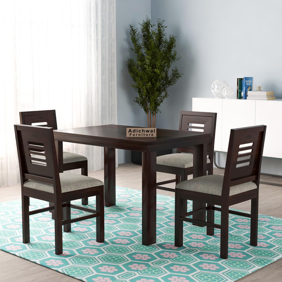 Adichwal Furniture Solid Sheesham Wood 4 Seater Dining Table Set with Cushioned Chairs for Dining Room | Living Room | Home & Office | Hotels Restaurant & Cafe (4 Seater, Walnut E)