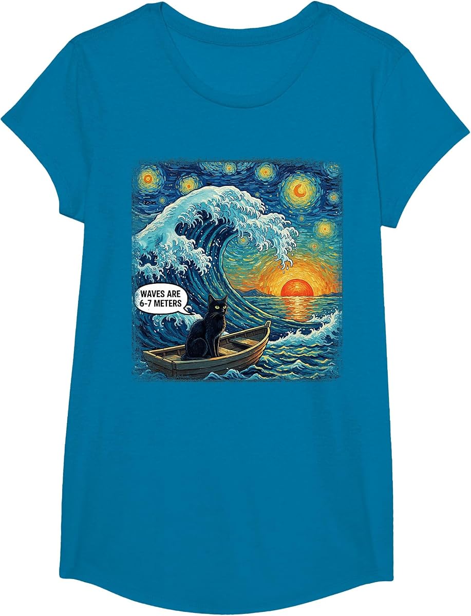 67 Waves are 6 7 Meters Black Cat Van Gogh Starry Night T-Shirt
