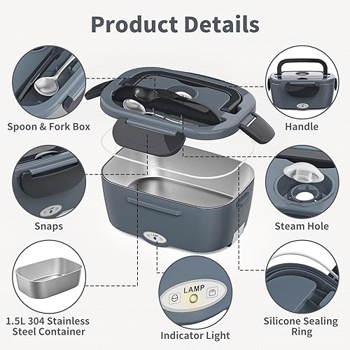 Miniatura 7 de Vingud Lonchera eléctrica, 3 en 1, lonchera térmica para adultos, lonchera portátil con contenedor de acero inoxidable extraíble de 1.5 L para