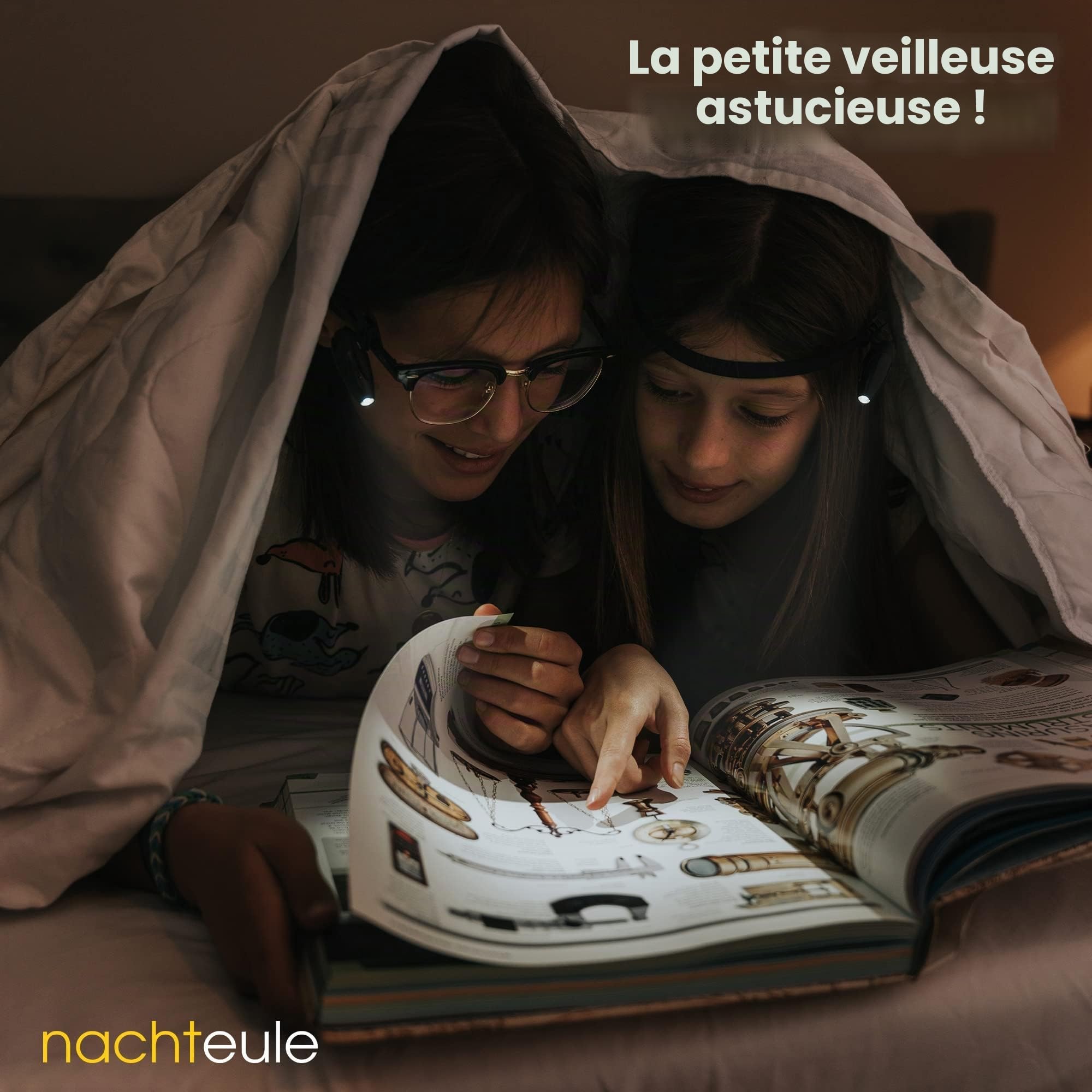 La liseuse "NACHTEULE" - facilement attachable aux lunettes ou les bandeu includé. Nouveau modèle rechargeable. Lampe de lecture. Lire au lit. Lampe á bricoler.