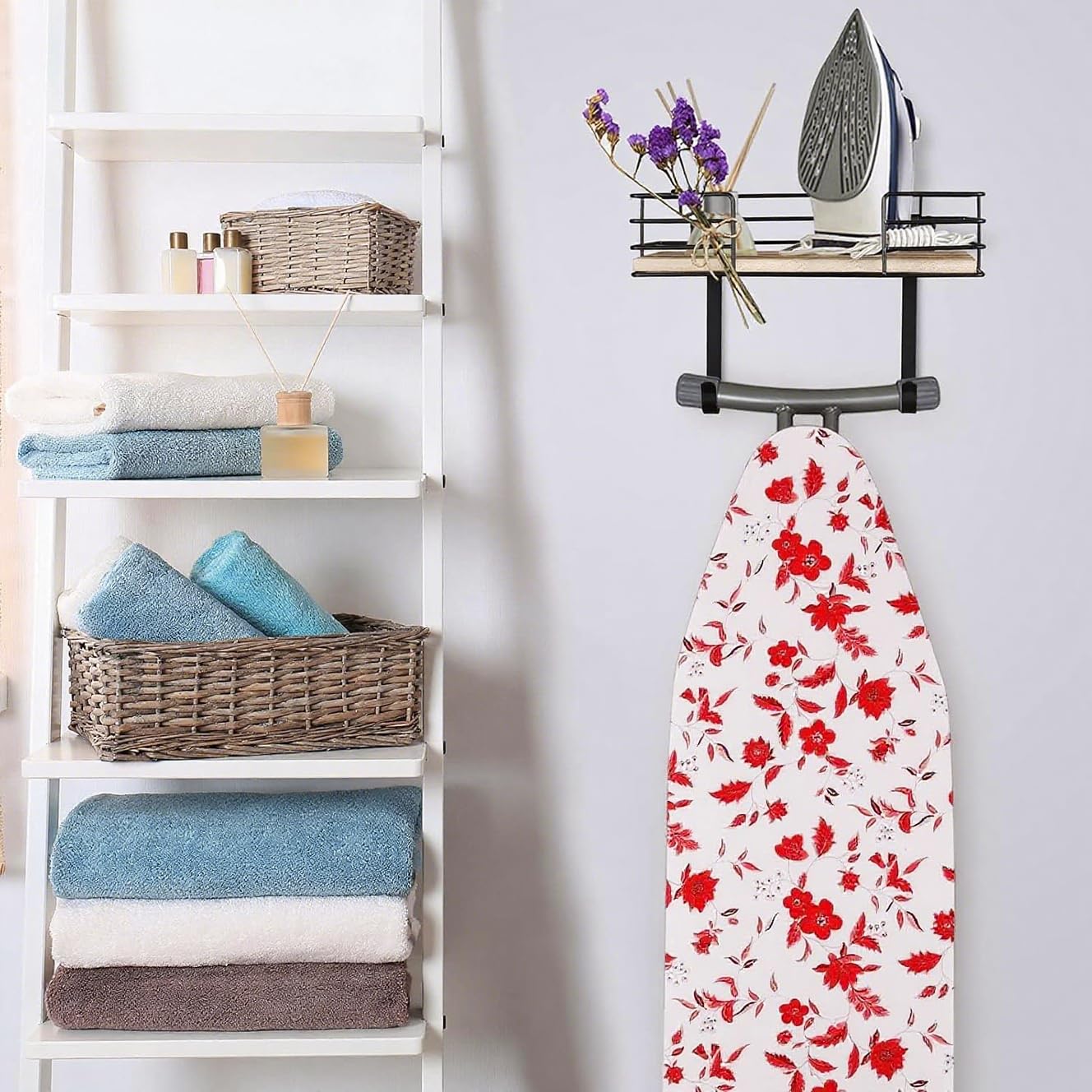 Soporte de pared para tabla de planchar, colgador de metal para tabla de planchar con estante, soporte para accesorios de lavandería, soporte para tabla de planchar y planchar en la pared 6