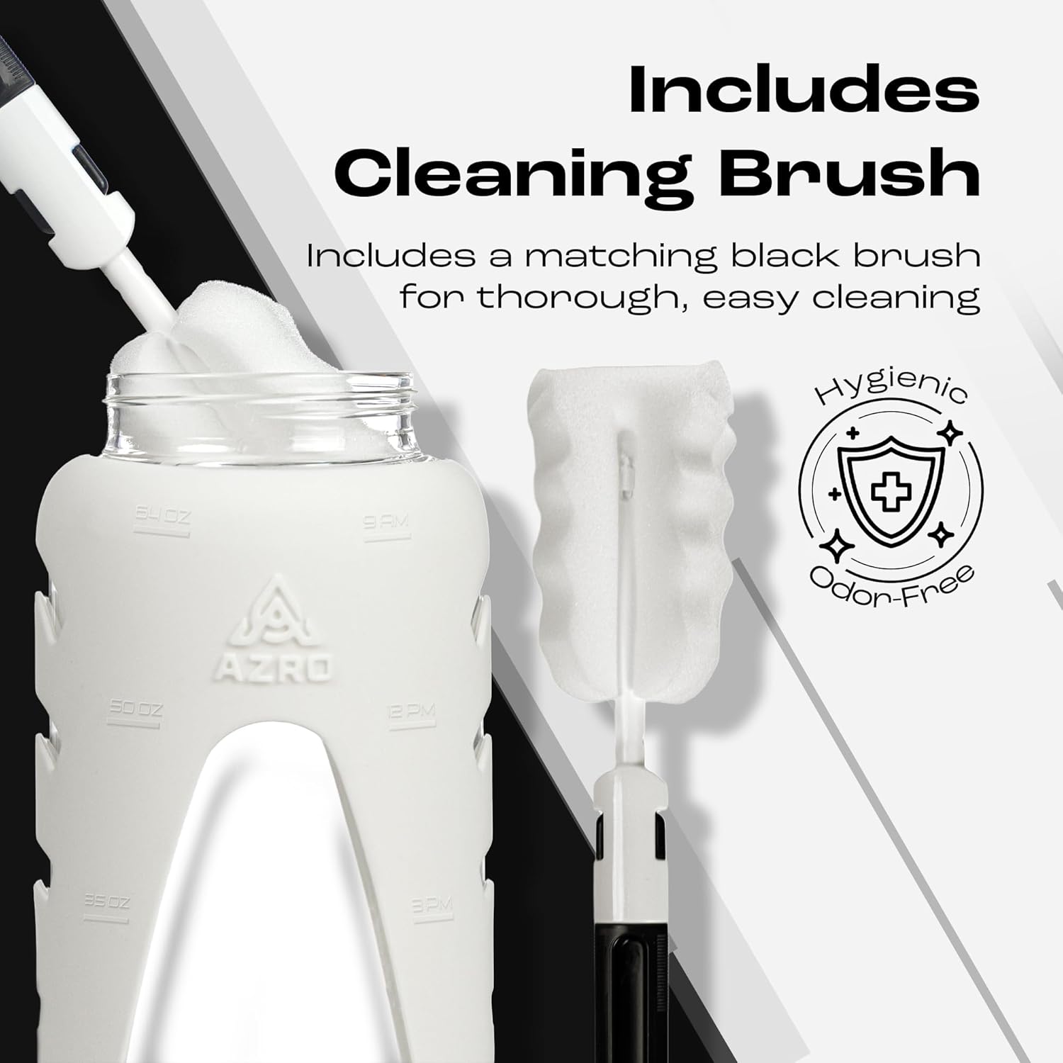 Azro 64 oz Water Bottle - Large Borosilicate Glass Water Bottle with Silicone Sleeve, Time & Volume Markers, Dual-Sip Straw + Wide-Mouth Leak-Proof Lid, Integrated Phone Holder, Cleaning Brush - White