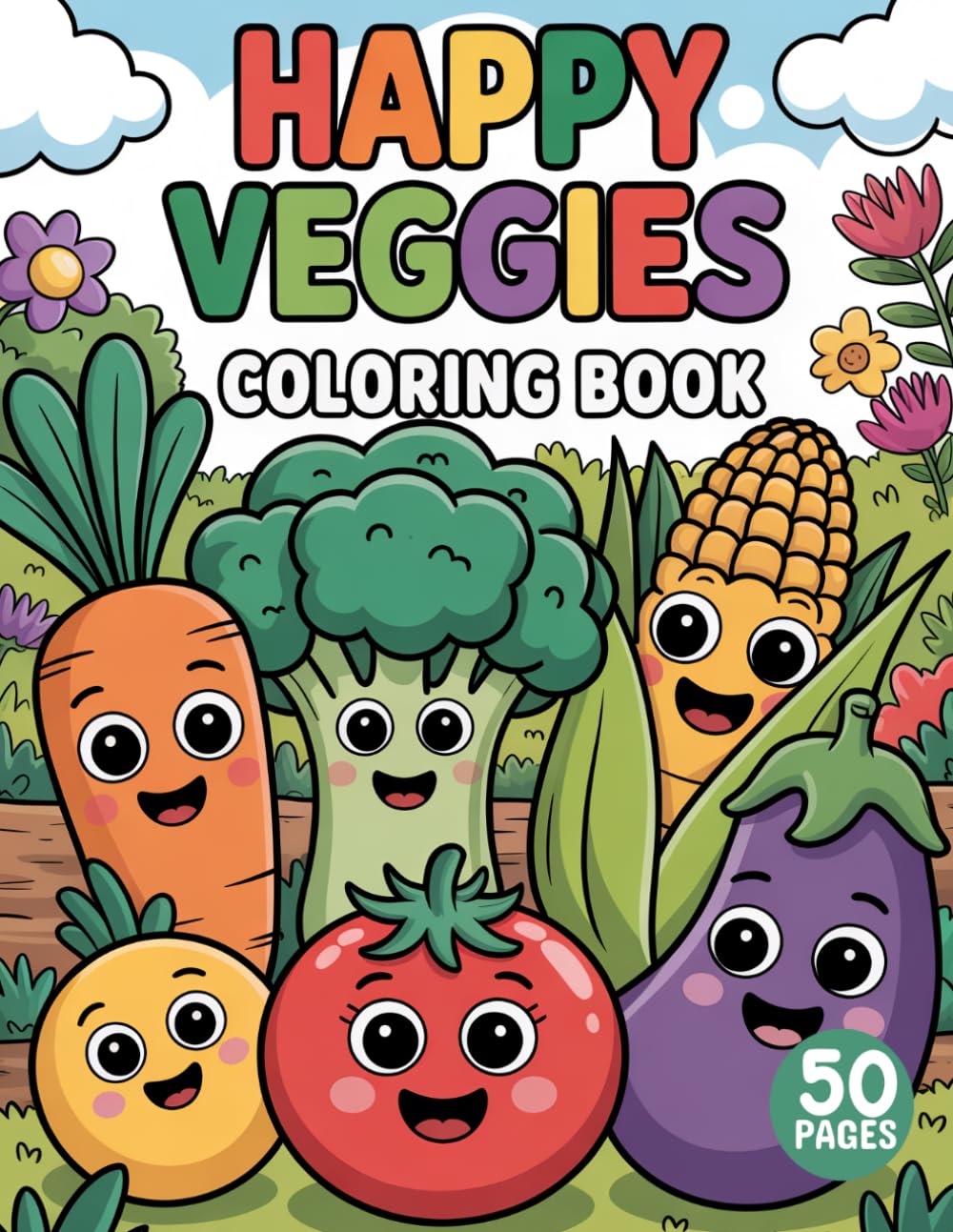 Happy Veggies Coloring Book: Fun & Easy Vegetable Coloring Pages for Kids | 50 Cute & Educational Designs for Toddlers & Preschoolers: A Fun ... with Simple Veggie Illustrations for Ages 3–8