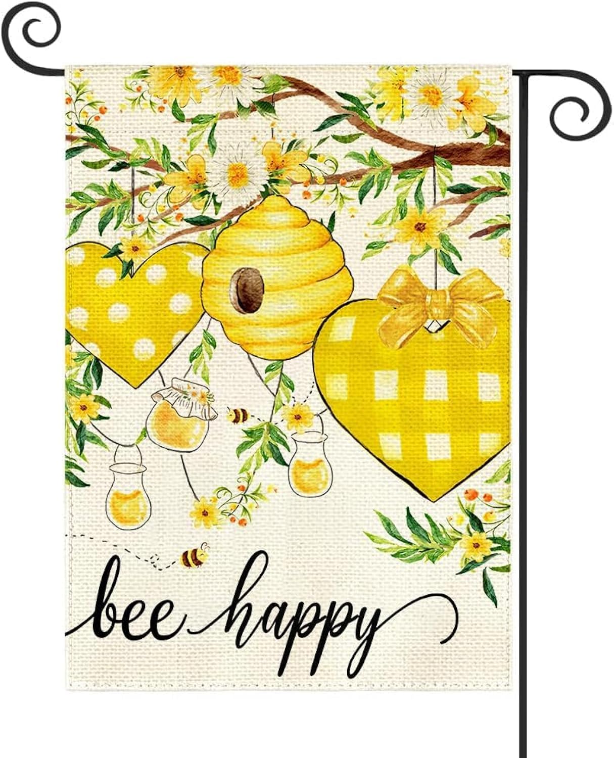 Baccessor Spring Summer Bee Happy Garden Flag Double Sided Floral Bees Small Yard Flag Burlap Vertical Farmhouse Seasonal Holiday Outdoor Outside Decoration 12.5 x 18 Inch