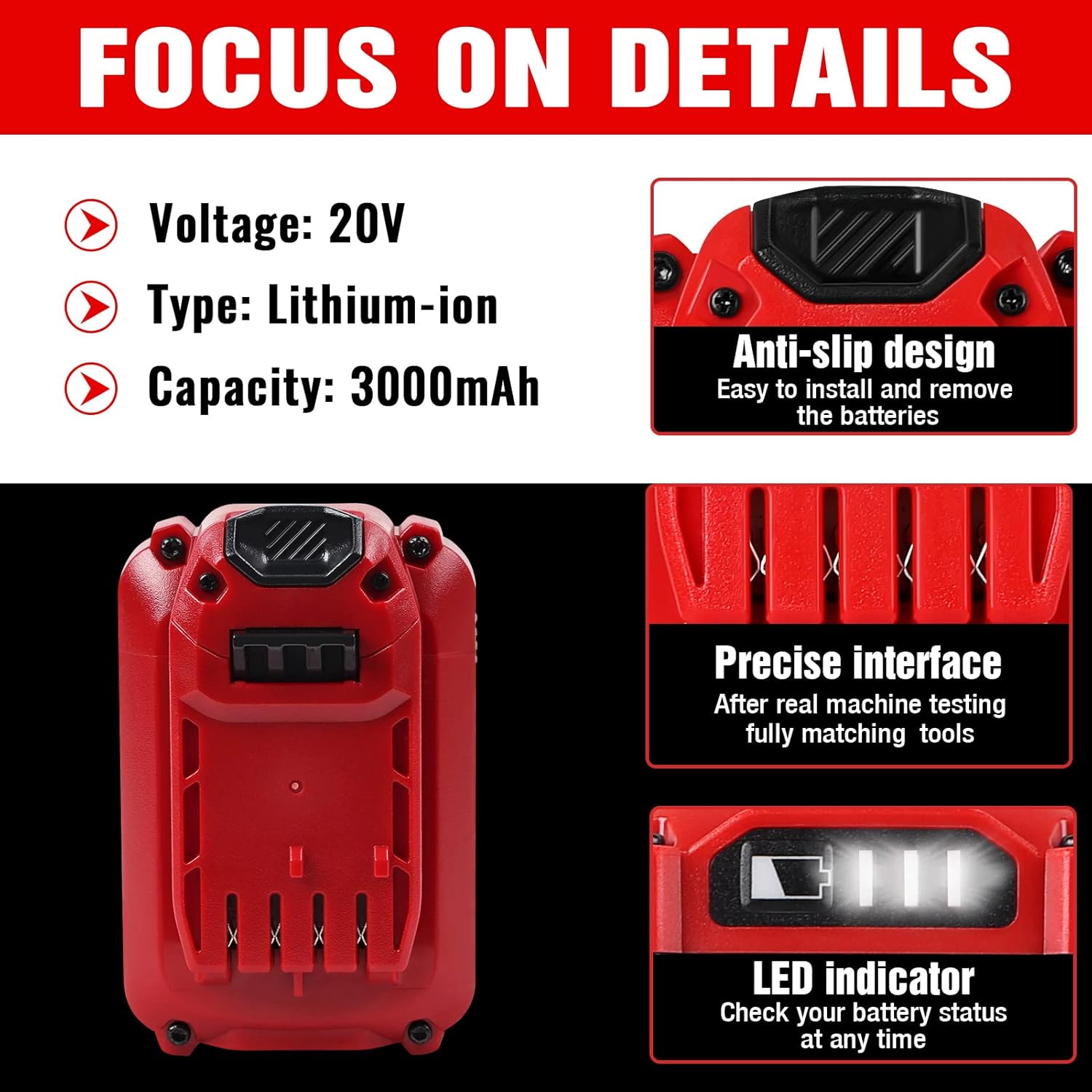 TenHutt 【Upgrade Li-ion】 20V 3.0Ah Replacement Battery for Craftsman 20V Battery V20 Lithium Ion CMCB205 CMCB204 CMCB206 CMCB202 CMCB201 20V Cordless Power Tools - Image 4