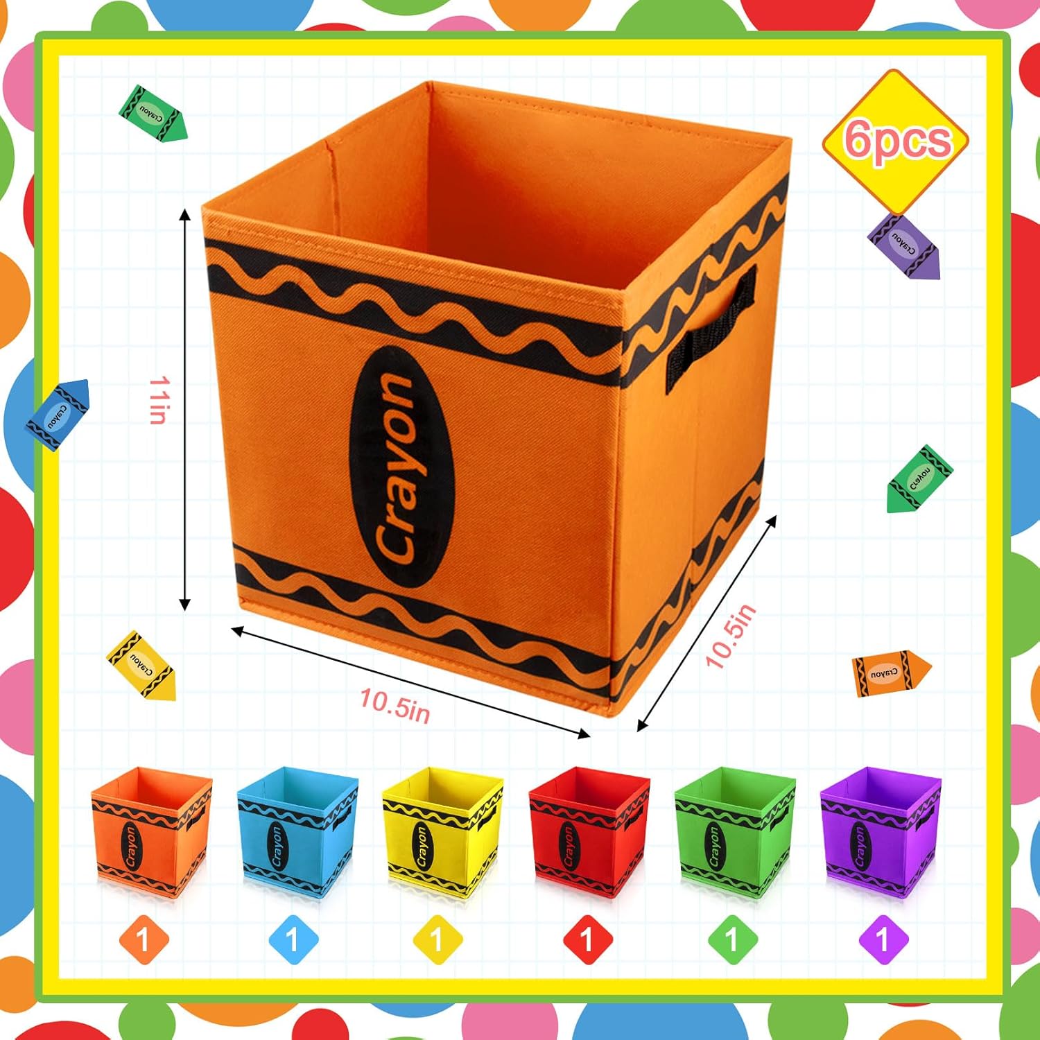 6 Pcs 11 Inch Colorful Fabric Storage Bins Crayon Cubby Basket Bins with Handles Rainbow Storage Containers for Back to School Decorations Office Home Organizer Supplies