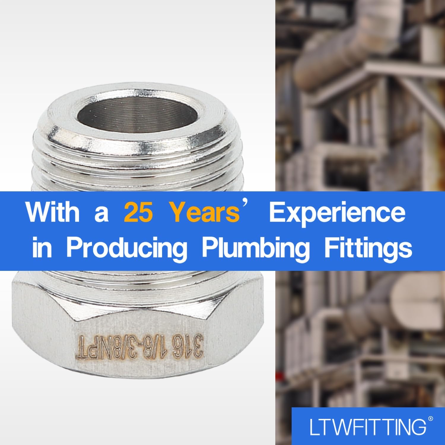 LTWFITTING Bar Production Stainless Steel 316 Pipe Hex Bushing Reducer Fittings 3/8" Male x 1/8" Female NPT Fuel Water Boat (Pack of 5)