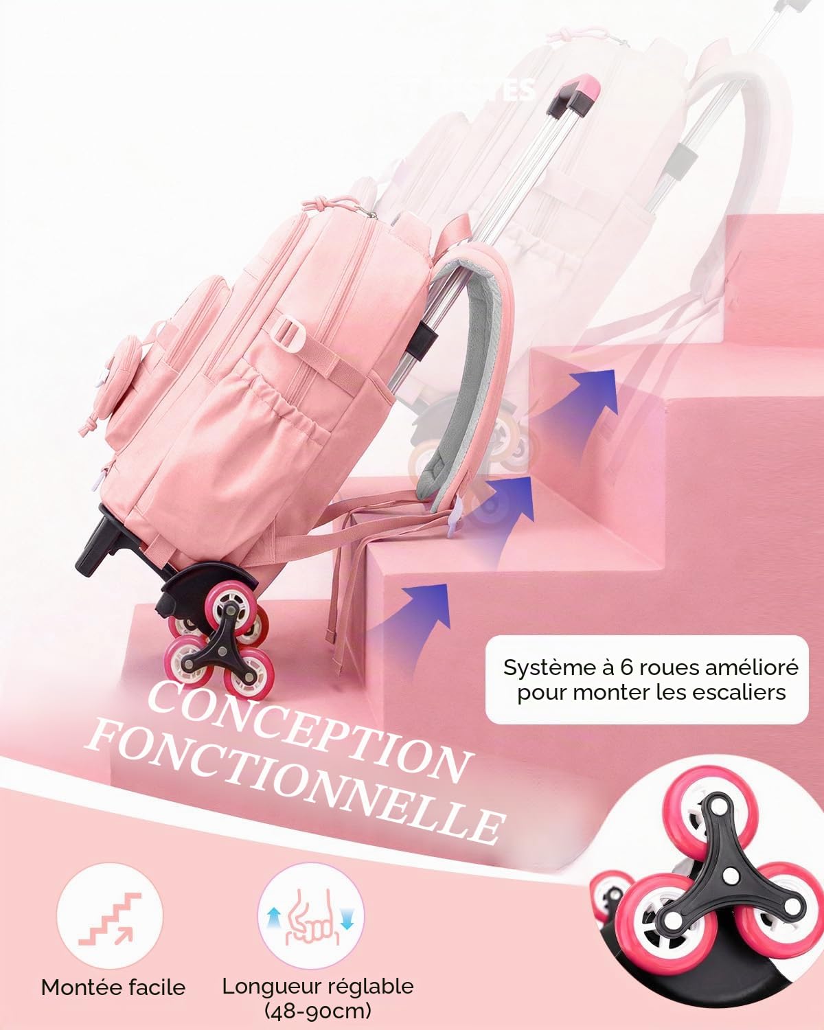 Amythe Cartable à Roulettes Fille 9-16 Ans, Sac à Dos École Primaire avec Chariot Démontable, 6 Roues, 21L Sac D'école à Roulettes avec pour Filles, Rose