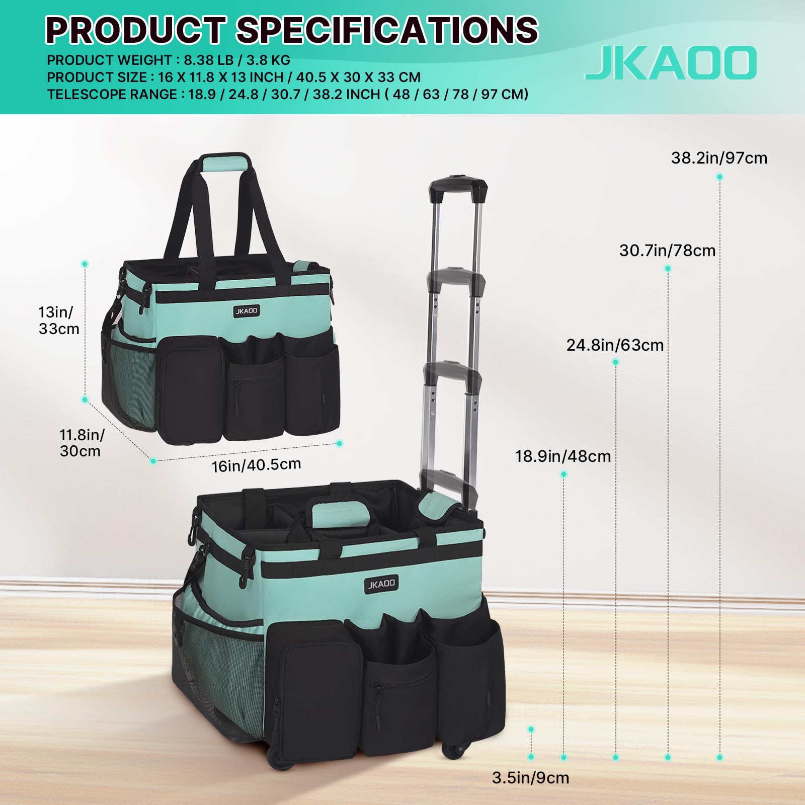JKAOO Große Reinigungs-Caddy-Tasche mit abnehmbarem Trolley, wasserdichter Reinigungs-Caddy auf Rädern für Haushälterinnen, Reinigungswagen, Organizer für Zuhause, Auto, Büro, Picknick (blau-grün)