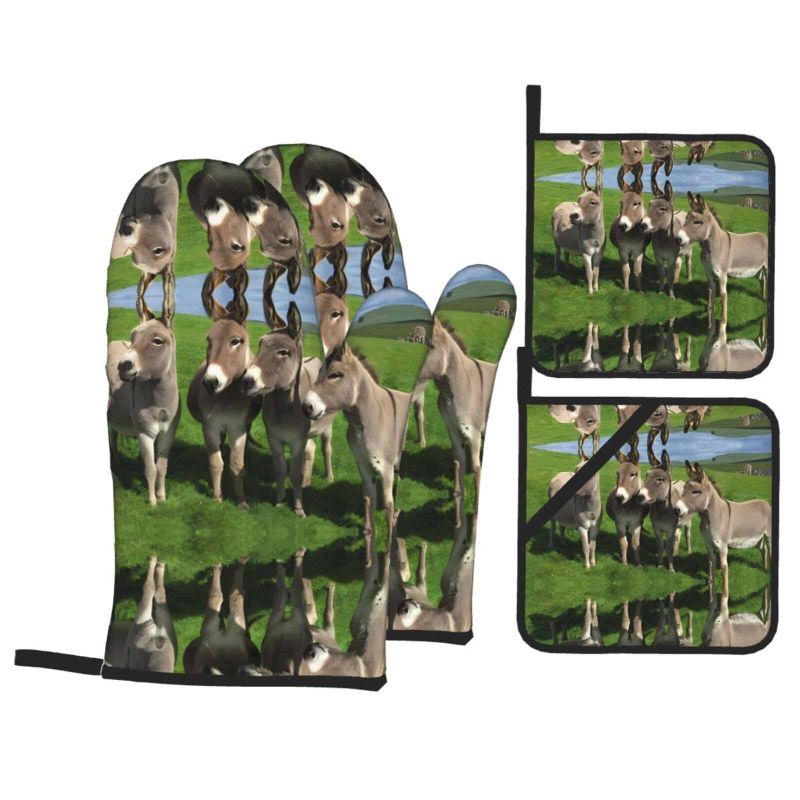 YYHHAOFA Donkey on green meadow Prints Kitchen Baking Set with Heat Resistant Pot Holders & Oven Mitts - Waterproof Layer for Hot Dishes, Grill & Microwave