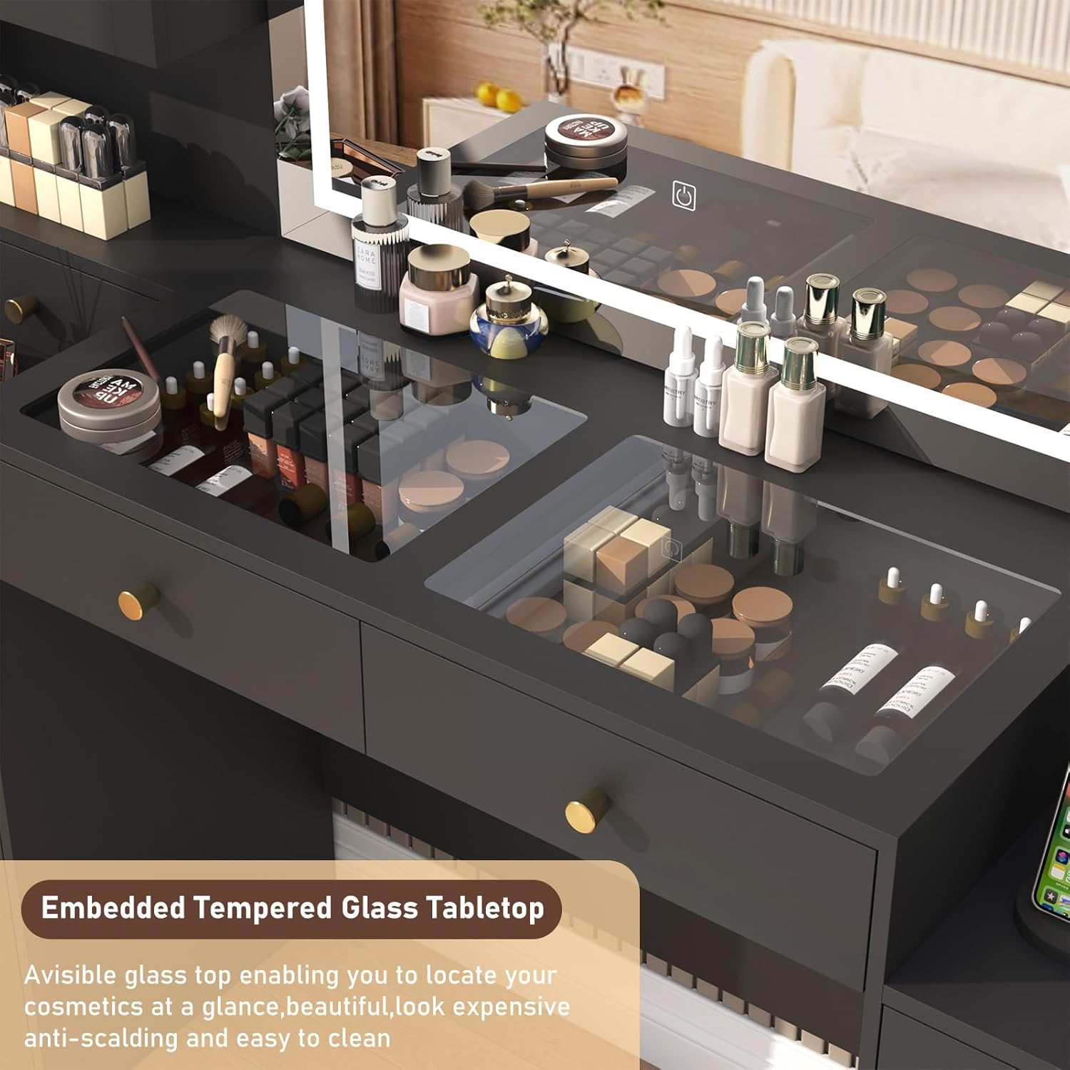 Close-up of the embedded tempered glass tabletop, showcasing its clear view and easy-to-clean surface