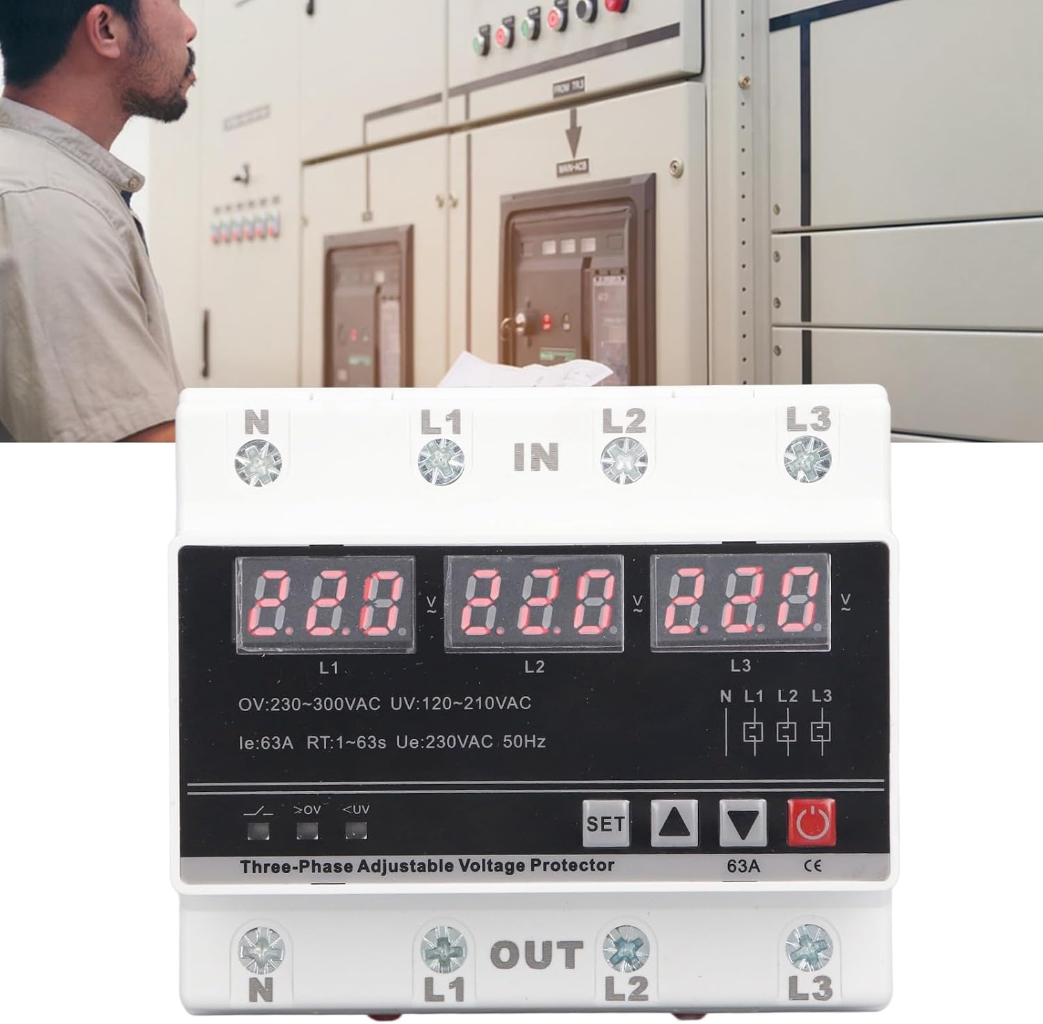 3 Phase Voltage Protector DIN Rail Mount Over Under Voltage Relay Adjustable 63A Protection AC120V-300V Current Adjustable Protection Relay