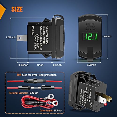 Miniatura 2 de Nilight Interruptor basculante, salida USB, voltímetro LED, conector rápido, 12 V, PD tipo C y USB QC 3.0, reemplazo de automóviles con fusible en