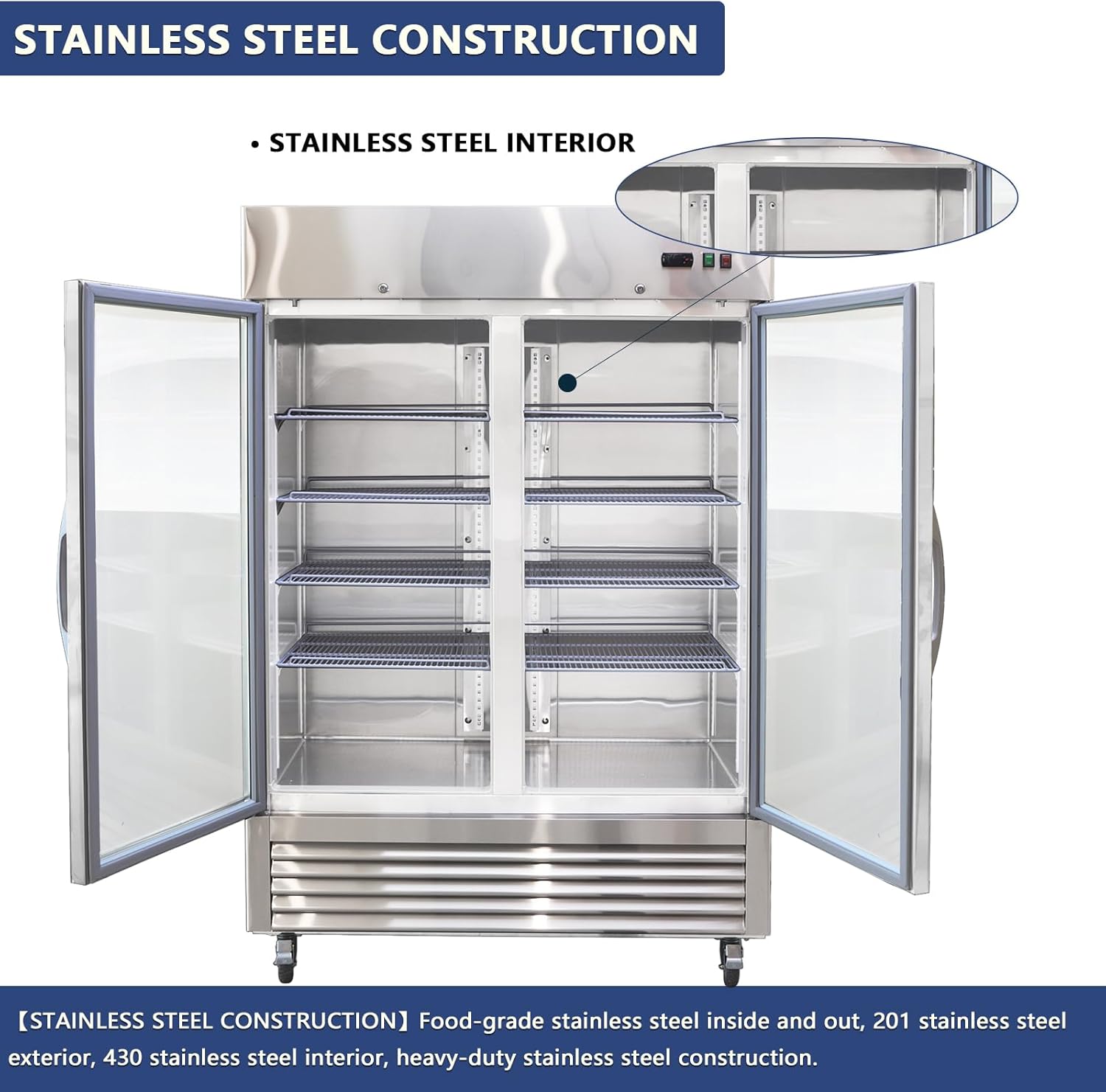 54" W Commercial Display Refrigerator 2 Glass Doors Merchandiser 2 Section Stainless Steel Reach-in Glass Door Upright Fan Cooling 42.2 Cu.ft Cooler for Restaurant, Bar, Shop, etc