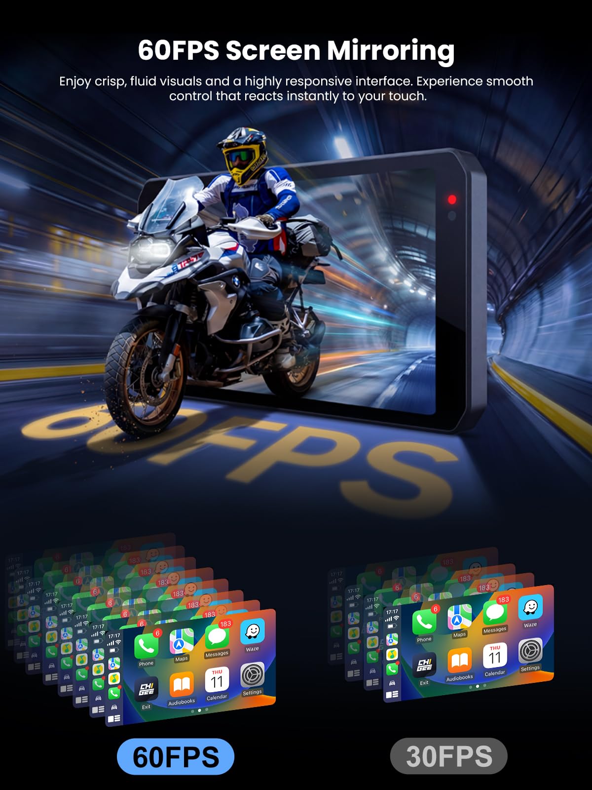 CHIGEE AIO-5 Evo Motorcycle Smart Riding System, Wireless CarPlay & Android Auto, Dual 1080P Front & Rear Dash Cam, Blind Spot Detection (BSD), 5" Waterproof Display, Parking Mode