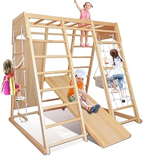 ECOMEX Indoor Jungle Gym for Toddlers 7 in 1 Indoor Playground Wooden Montessori Climber Playset with Slide Swing Climbing Net Monkey Bars Rope Ladder Climbing Rock Climbing Ladder