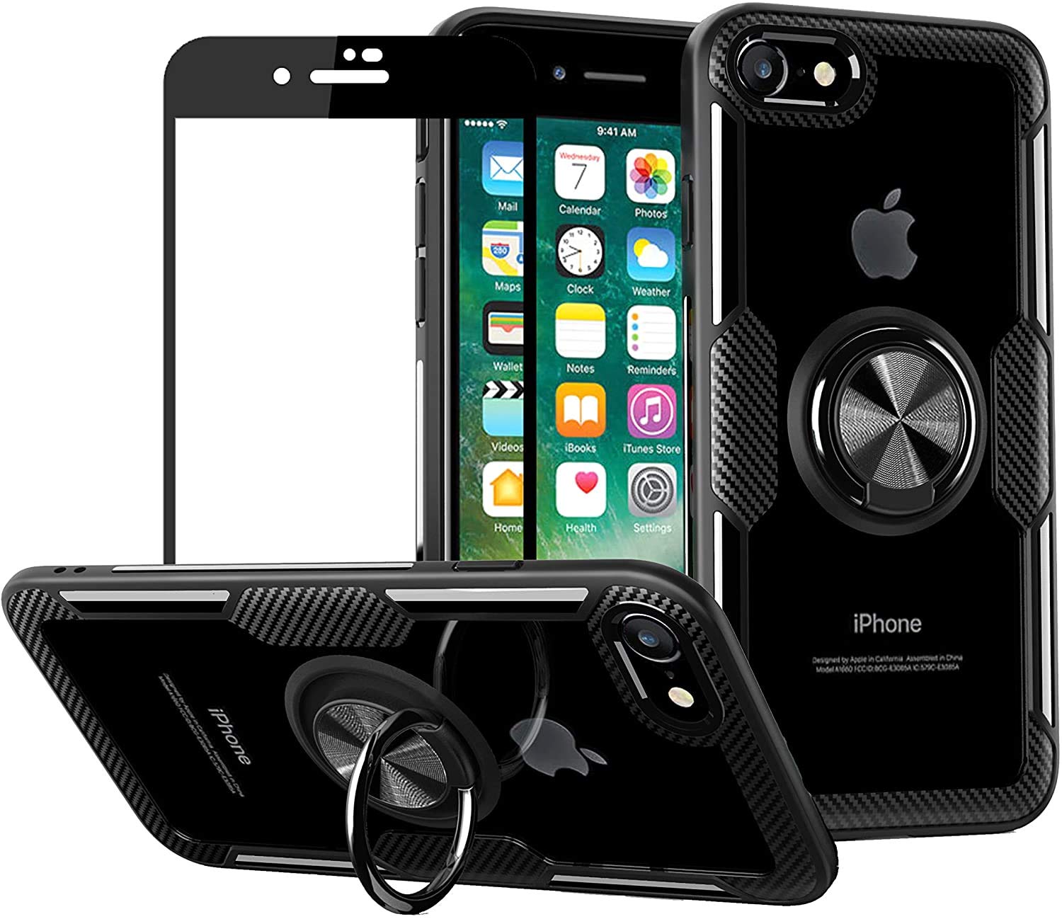 Case for iPhone 6S/6 with Tempered Glass,Slim Silicone Soft TPU Bumper Hard Transparent Back Cover Shell with Metal Ring Magnetic Kickstand,Black