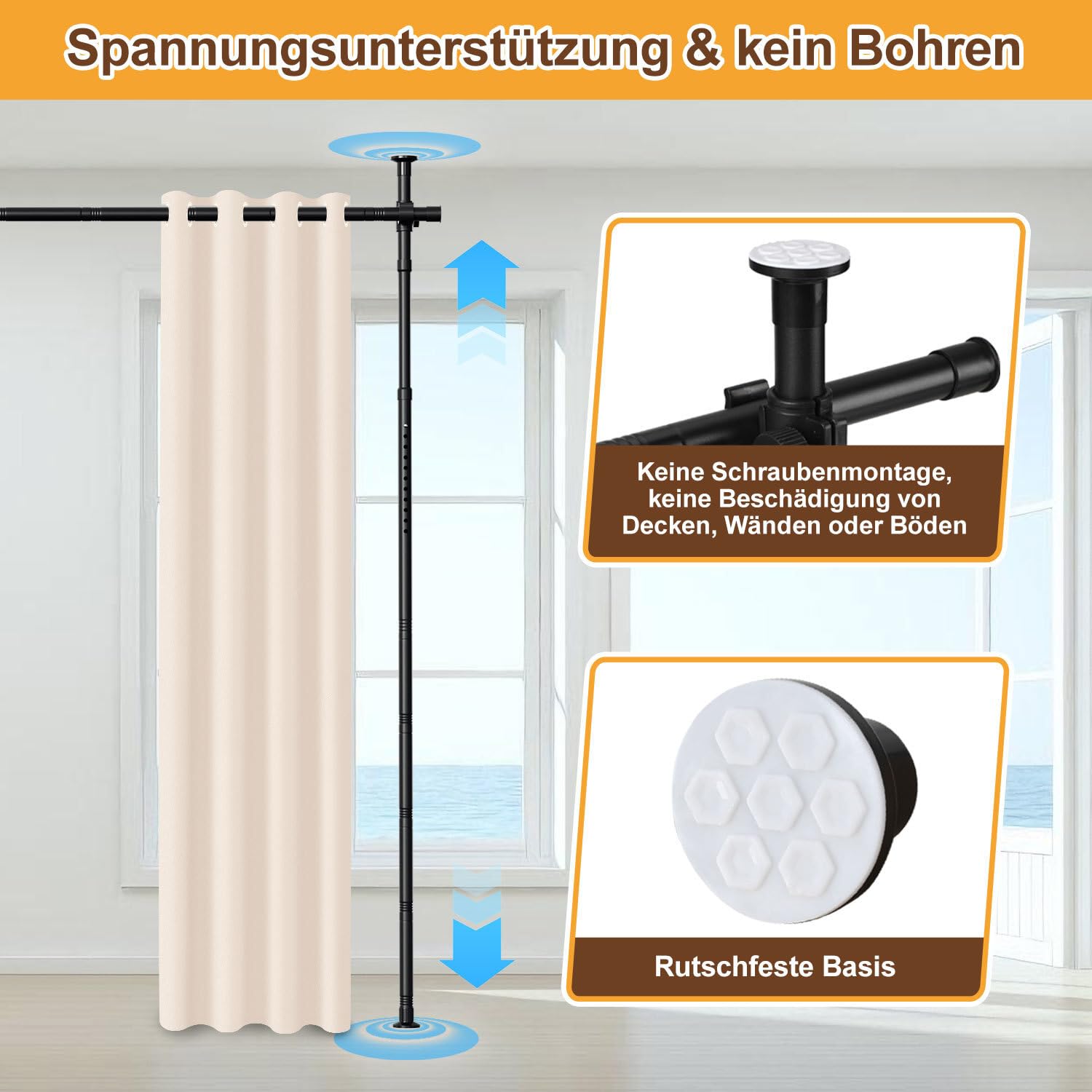 Raumteiler Paraventgestell Gardinenstangen, Freistehend Trennwand Paravent ohne Vorhang, Raumtrenner ohne Bohren, Sichtschutz für Schlafzimmer, 122–320 cm (H), 70–355 cm (B), Schwarz