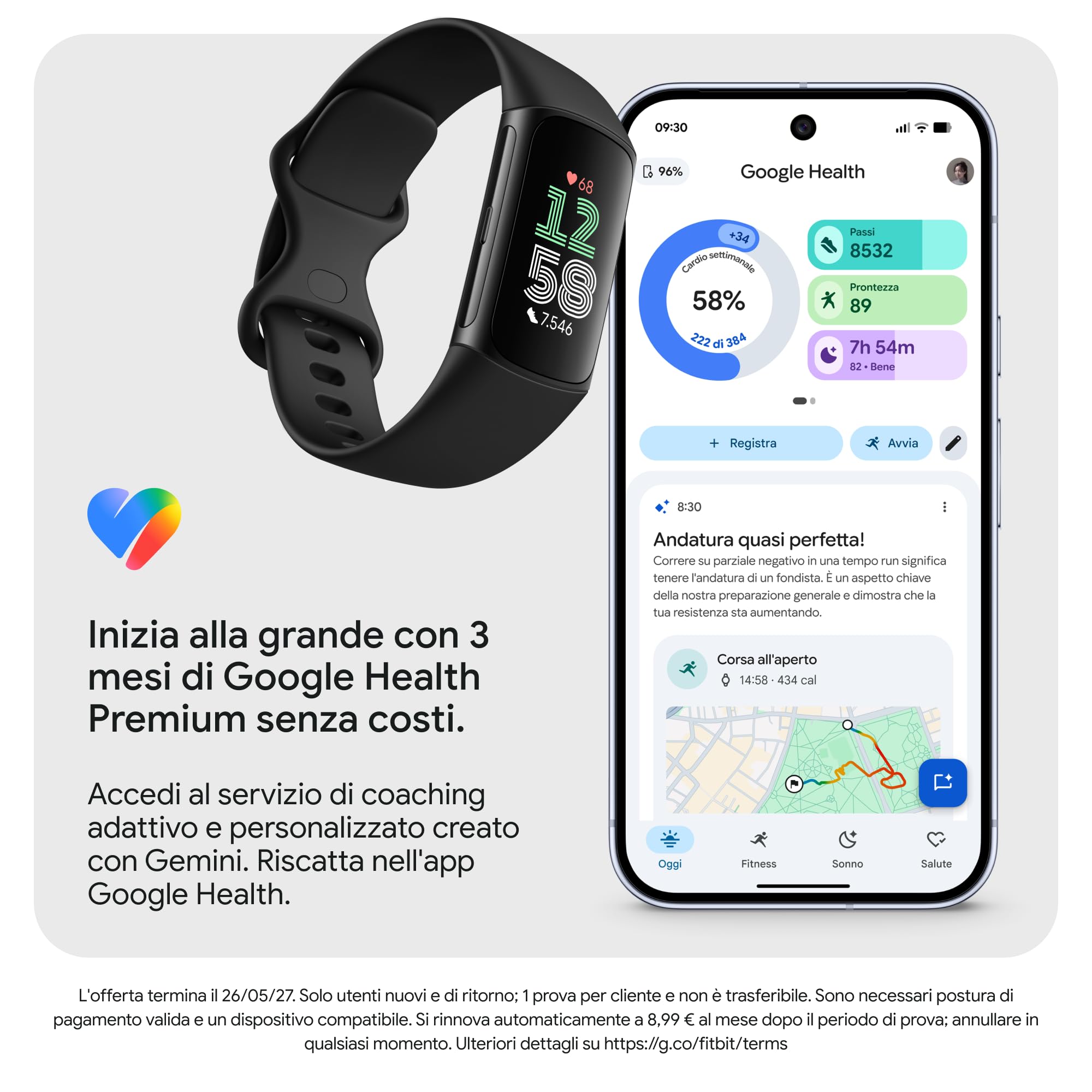 Google Fitbit Charge 6 Activity tracker con abbonamento Premium di 6 mesi incluso, 7 giorni di durata della batteria, Google Wallet e Google Maps