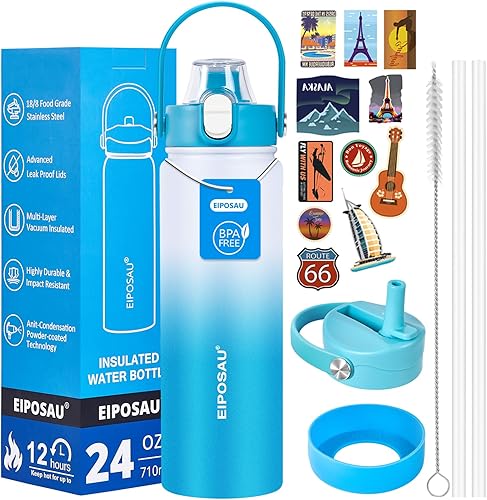 Miniatura 25 de Botella de agua aislada con tapa, bota y calcomanías, botella de acero inoxidable de 24 onzas, sin sudor, mantiene el frío las 24 horas, botella